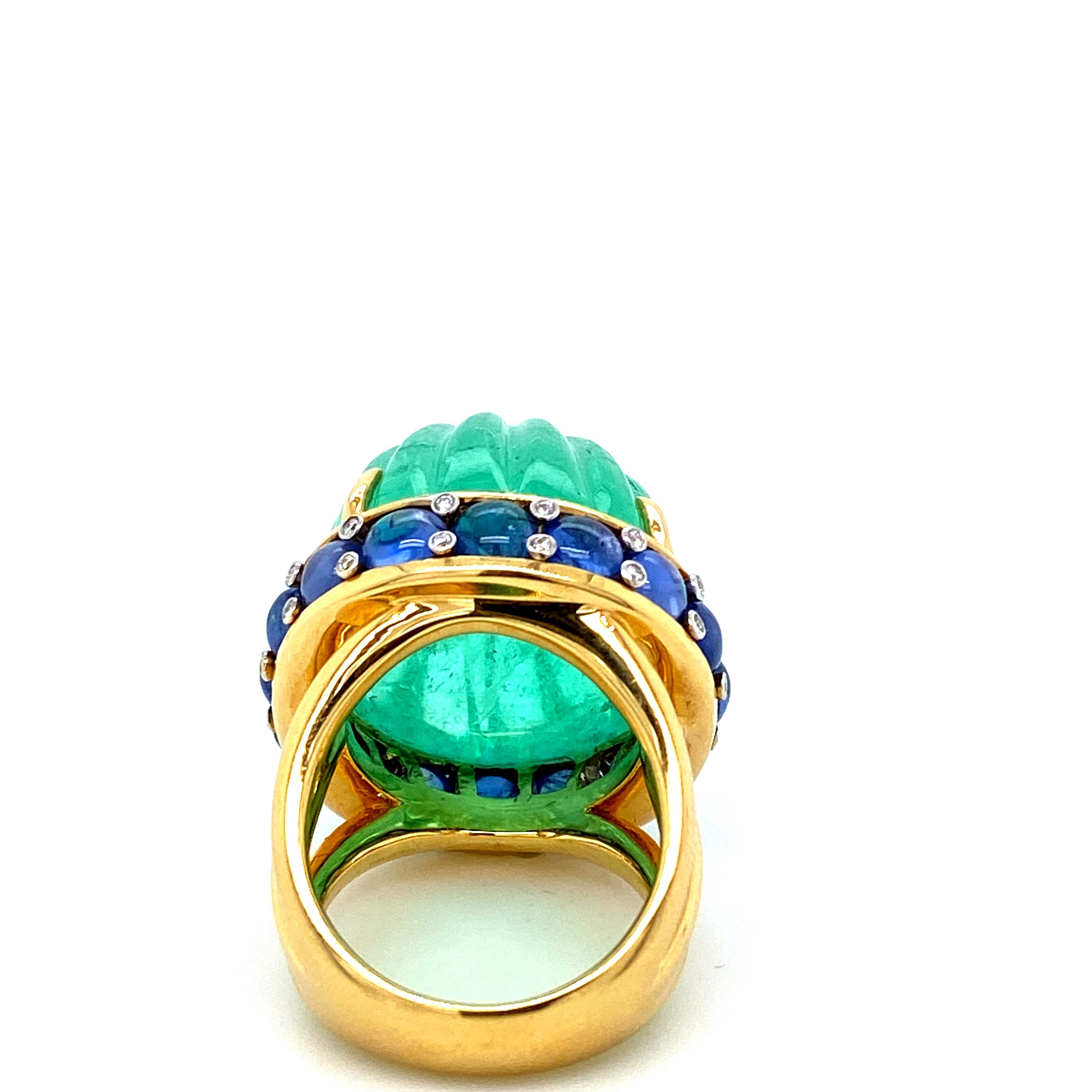 Cabochon 48.07 Carat GRS Certified Colombian Carved Emerald and Diamond Cocktail Ring For Sale