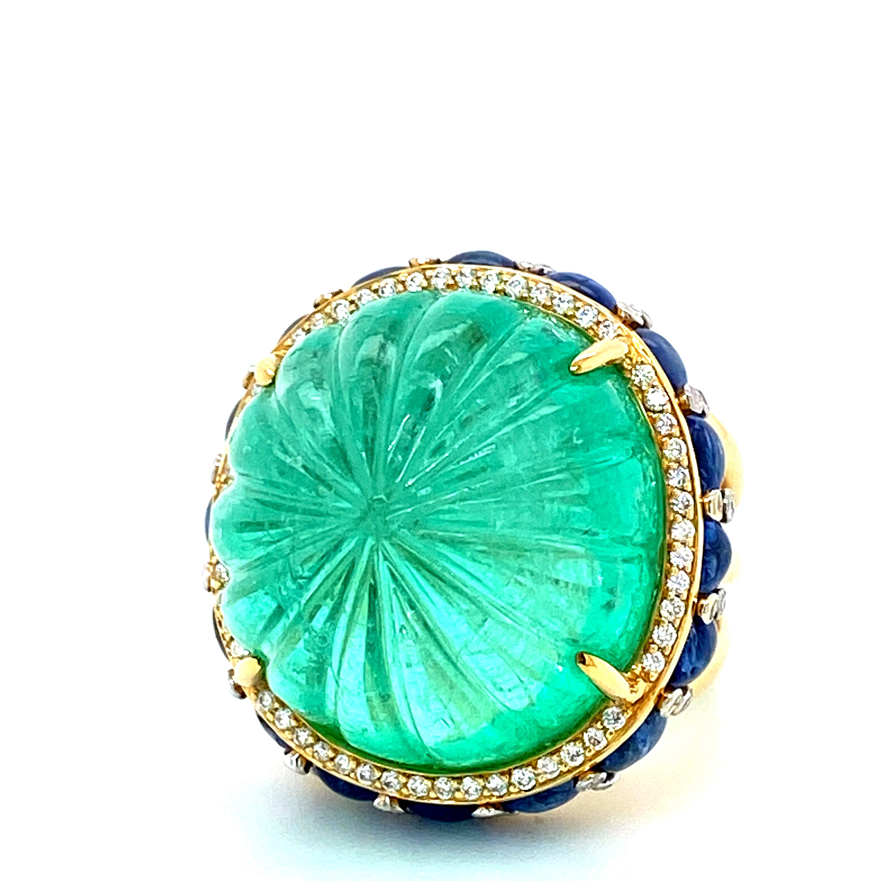 48.07 Carat GRS Certified Colombian Carved Emerald and Diamond Cocktail Ring In New Condition For Sale In Hong Kong, HK