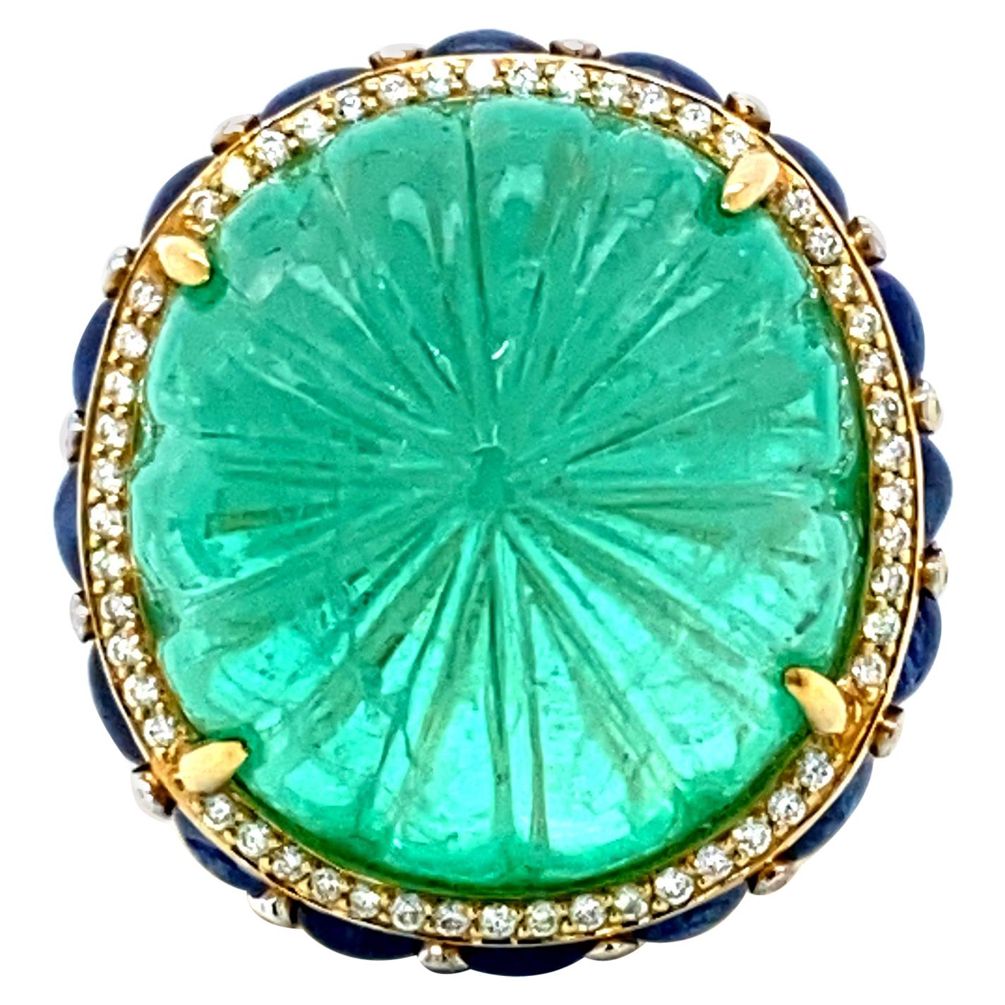 48.07 Carat GRS Certified Colombian Carved Emerald and Diamond Cocktail Ring For Sale