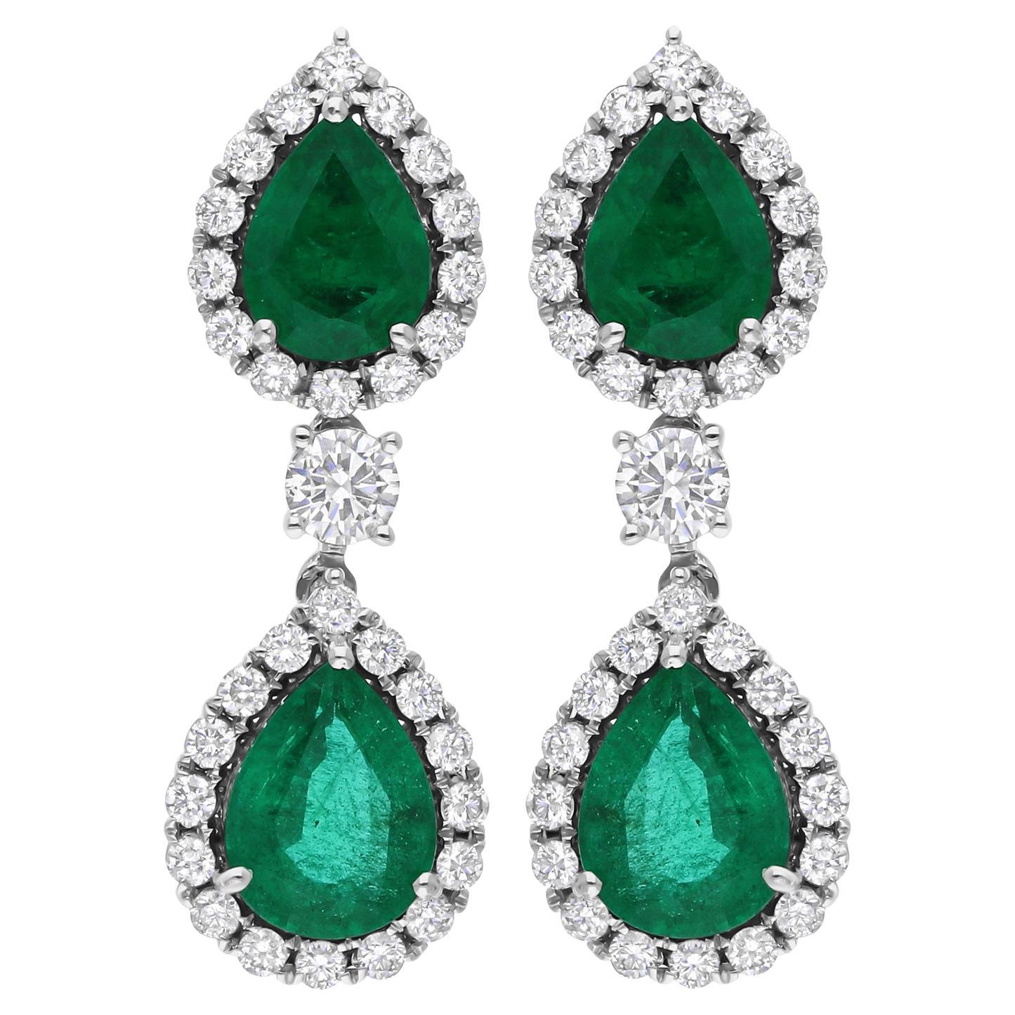 4.80ct Emerald 1.38ct Diamond Halo Wedding Dangle Drop Earrings 18k White Gold en vente