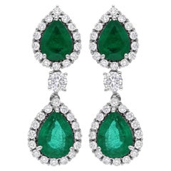 4.80ct Emerald 1.38ct Diamond Halo Wedding Dangle Drop Earrings 18k White Gold