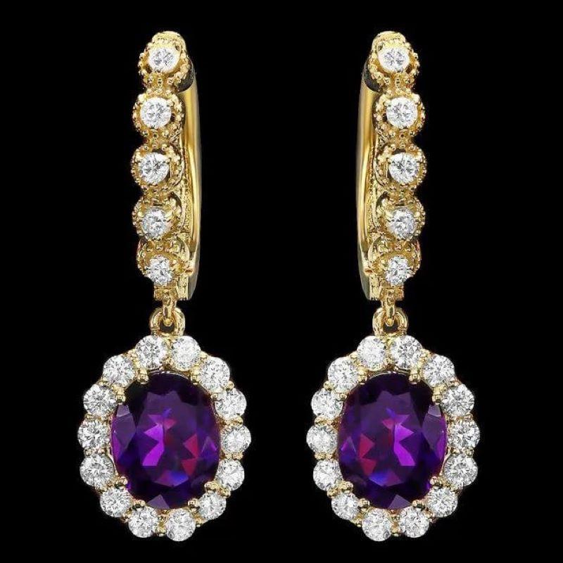 Mixed Cut 4.80ct Natural Amethyst and Diamond 14K Solid Yellow Gold Earrings For Sale