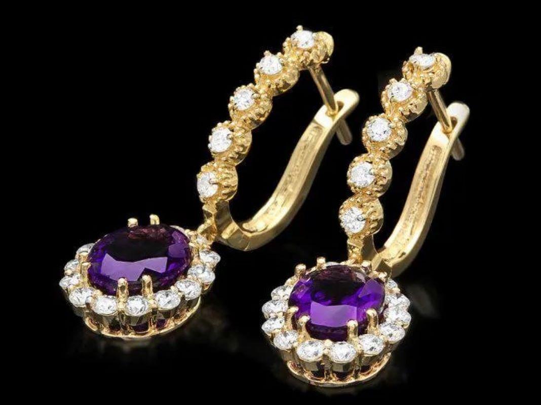 4.80ct Natural Amethyst and Diamond 14K Solid Yellow Gold Earrings In New Condition For Sale In Los Angeles, CA