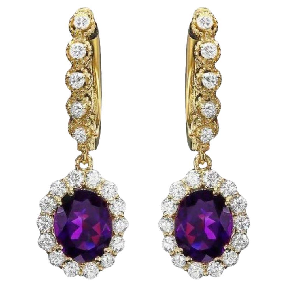 4.80ct Natural Amethyst and Diamond 14K Solid Yellow Gold Earrings For Sale