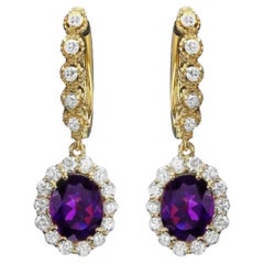 4.80ct Natural Amethyst and Diamond 14K Solid Yellow Gold Earrings