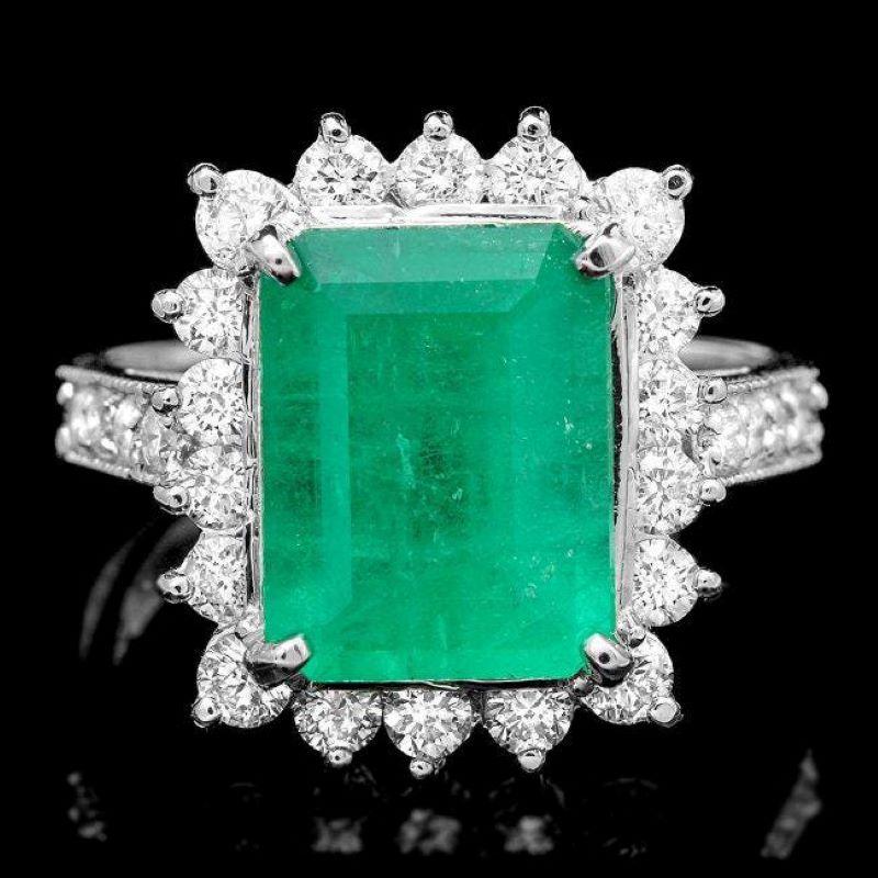 4.80ct Natural Emerald & Diamond 14k Solid White Gold Ring In New Condition For Sale In Los Angeles, CA