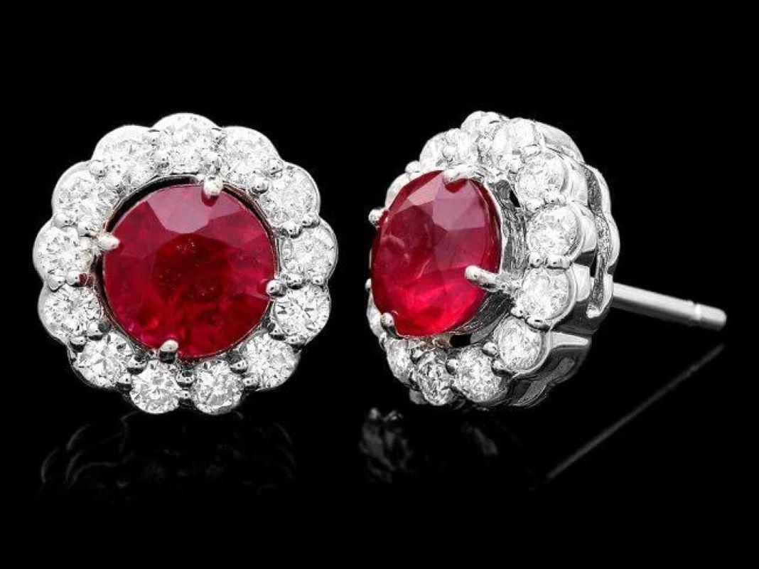 Mixed Cut 4.80ct Natural Red Ruby and Diamond 14K Solid White Gold Earrings For Sale