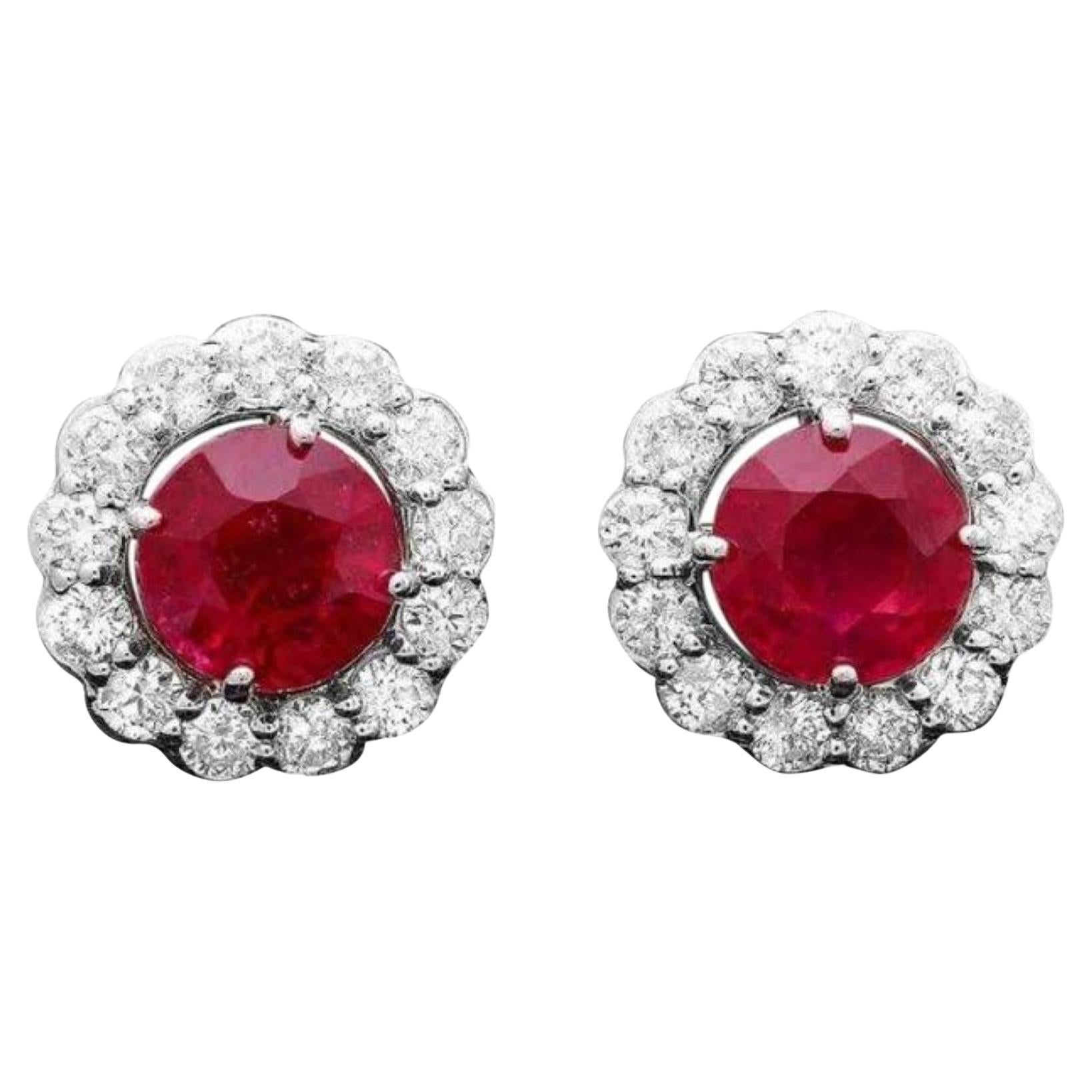 4.80ct Natural Red Ruby and Diamond 14K Solid White Gold Earrings For Sale