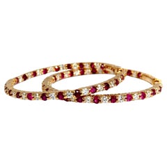 Créoles en or jaune 14 carats avec diamants et rubis naturel de 4,80 carats, intérieur et extérieur