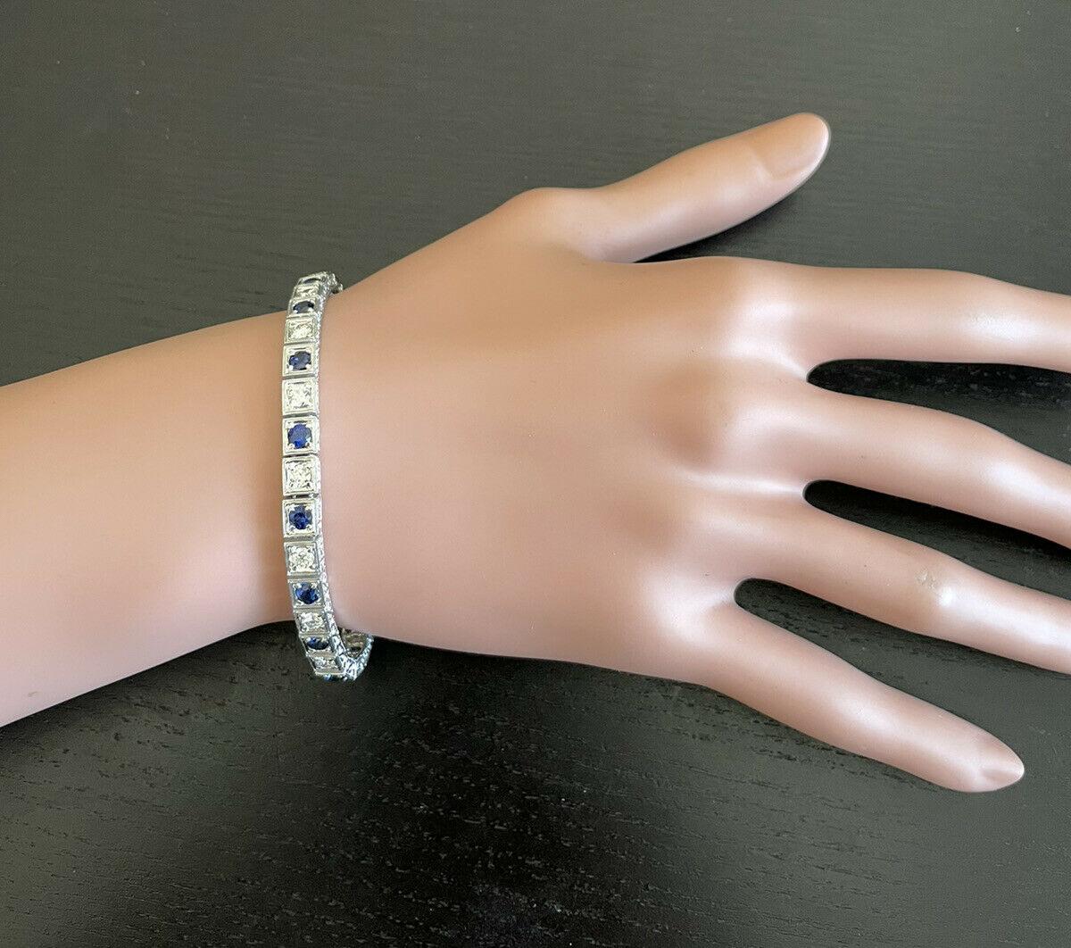 Pulsera de oro blanco macizo de 14 quilates con zafiro natural y diamantes de 4,80 quilates en venta 1