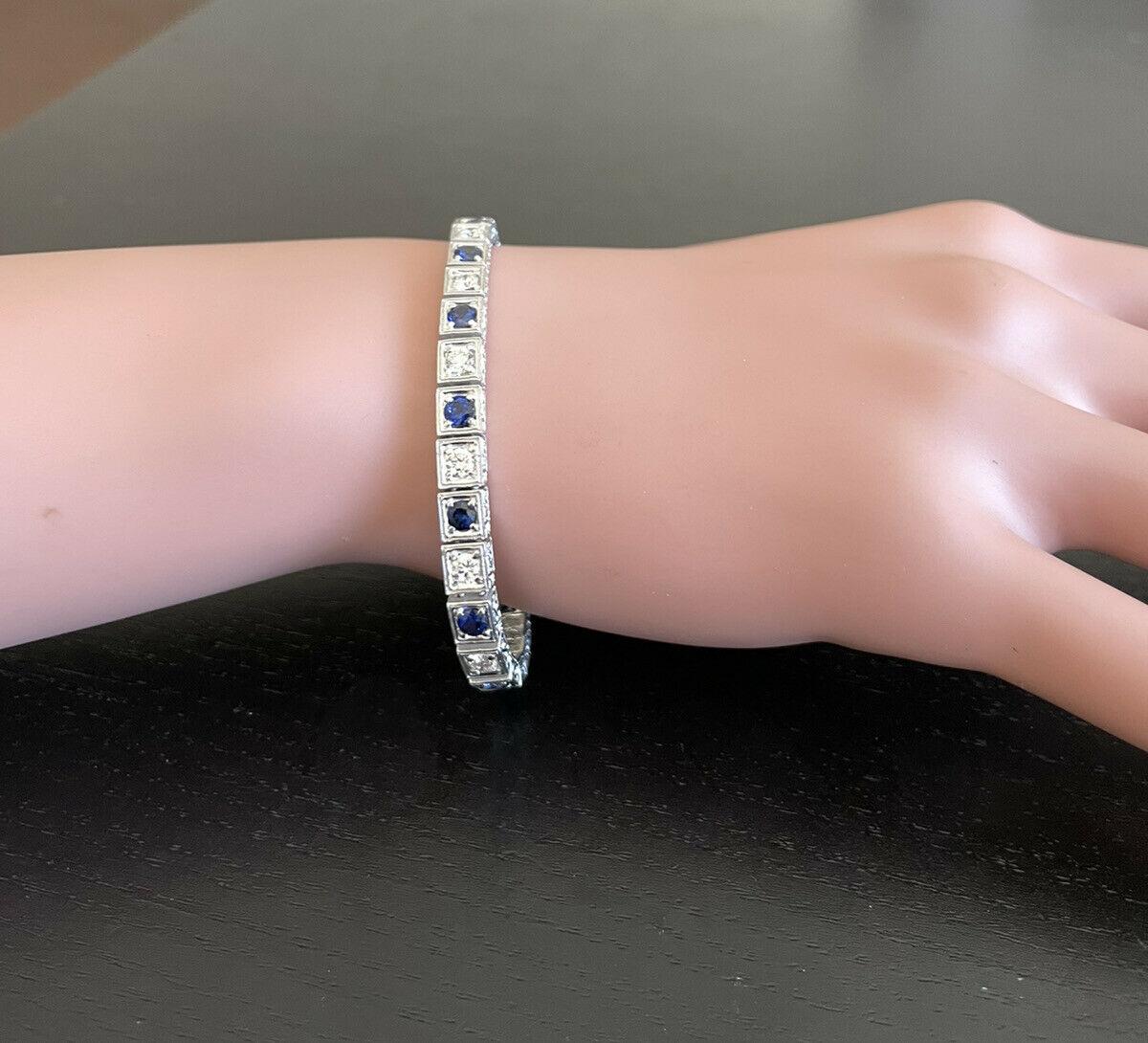 Pulsera de oro blanco macizo de 14 quilates con zafiro natural y diamantes de 4,80 quilates en venta 3