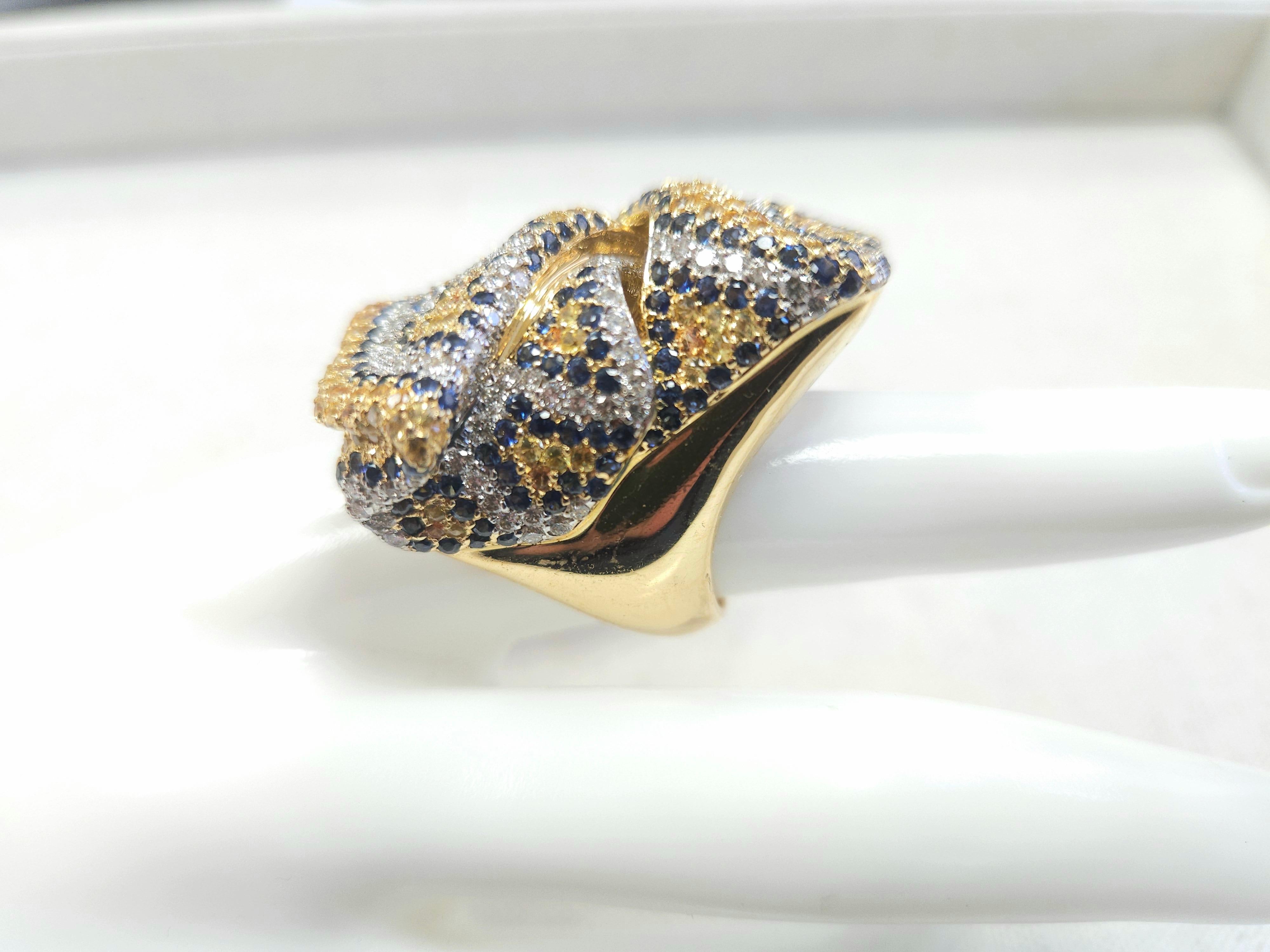 Desginer Hand made Series mulitpe color with Blue and Yellow 18K Yellow Gold ring, size 7.50, Average H-VS, 42.10 grams.

*Free Shipping within U.S*