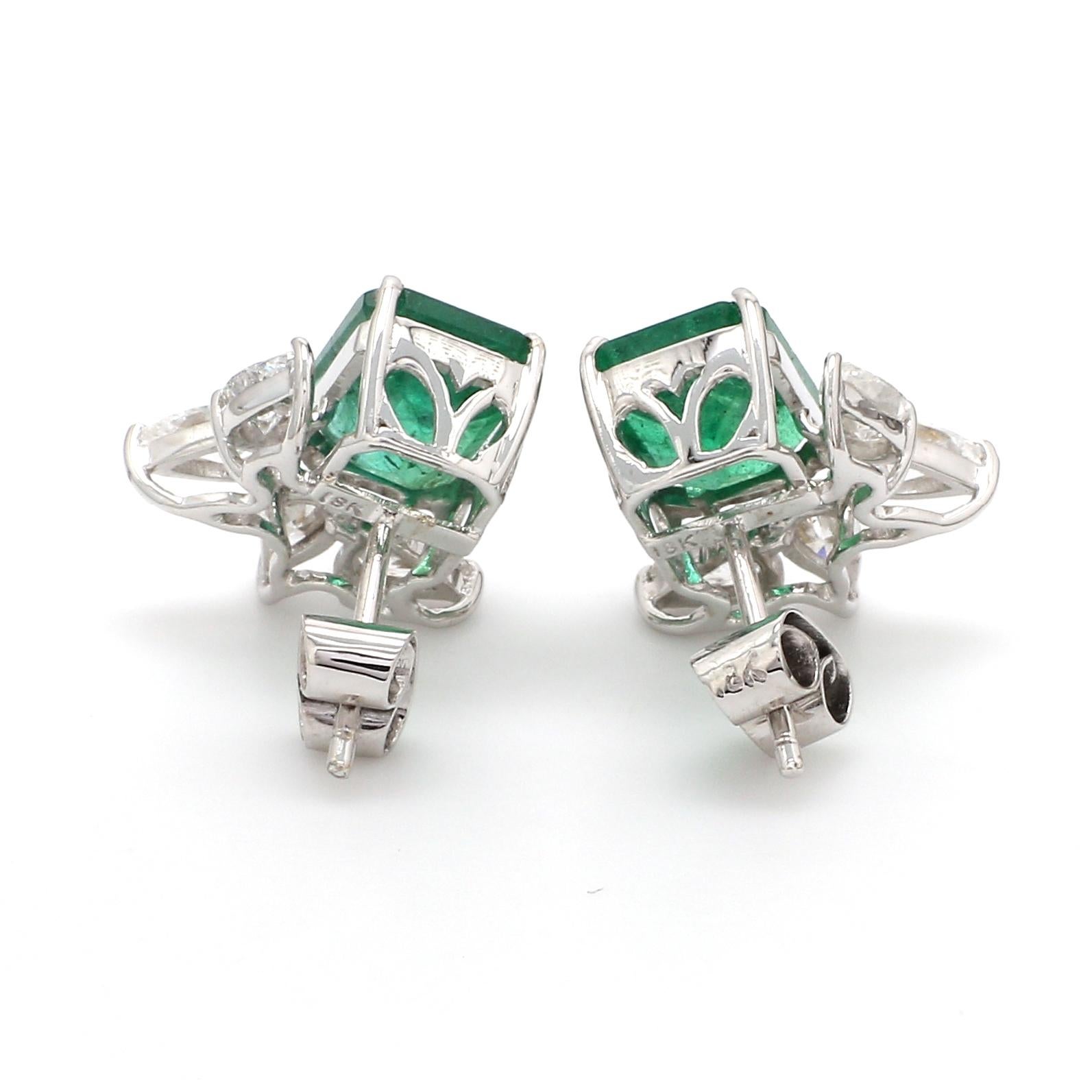Art Deco 4.80cts Zambian Emerald and Diamond Floral Stud Earrings 18k Solid White Gold For Sale
