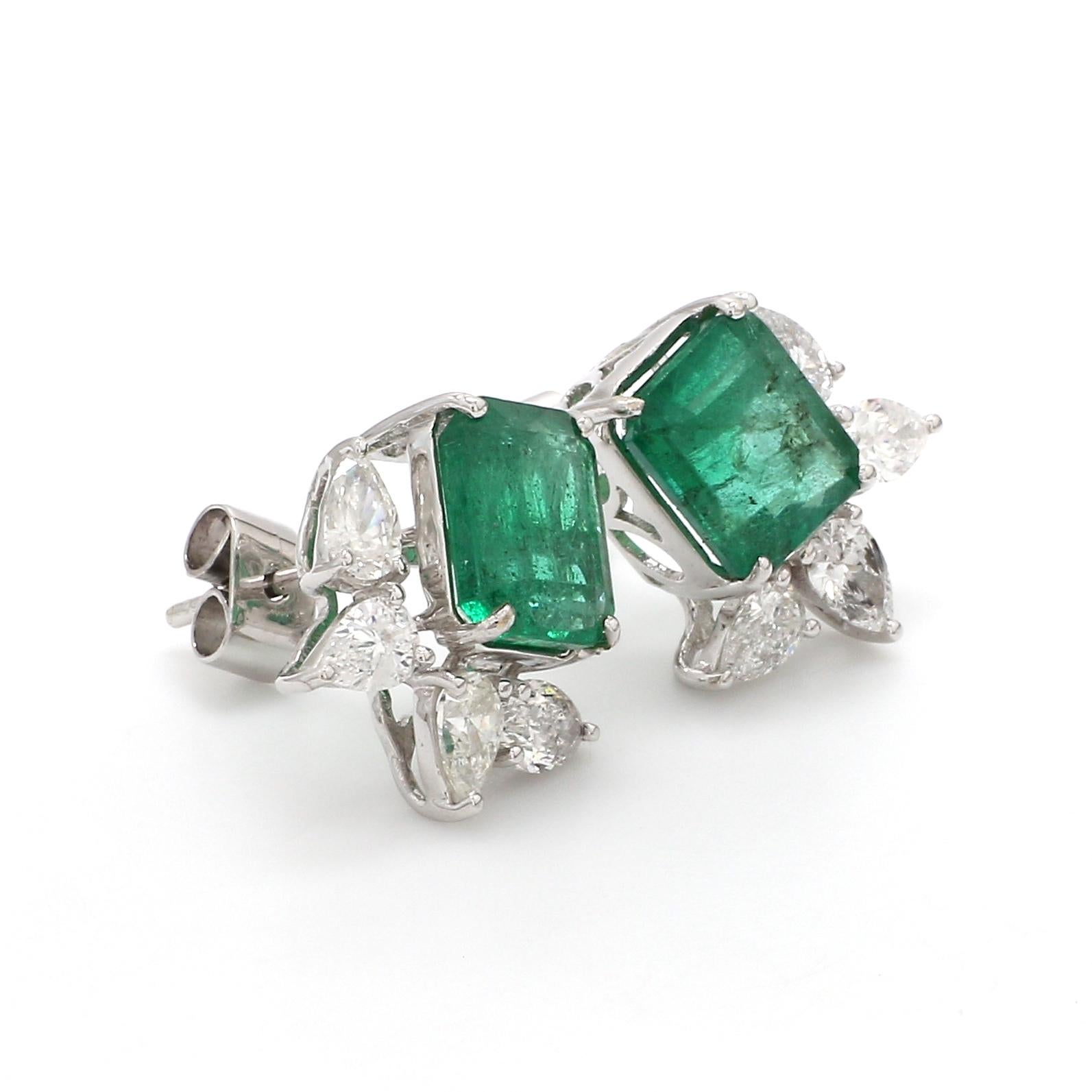 4.80cts Zambian Emerald and Diamond Floral Stud Earrings 18k Solid White Gold In New Condition For Sale In Diera, Dubai