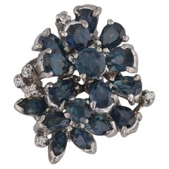 4.80ctw Blue Sapphire Diamond Cluster Pendant Brooch 9k White Gold Pin