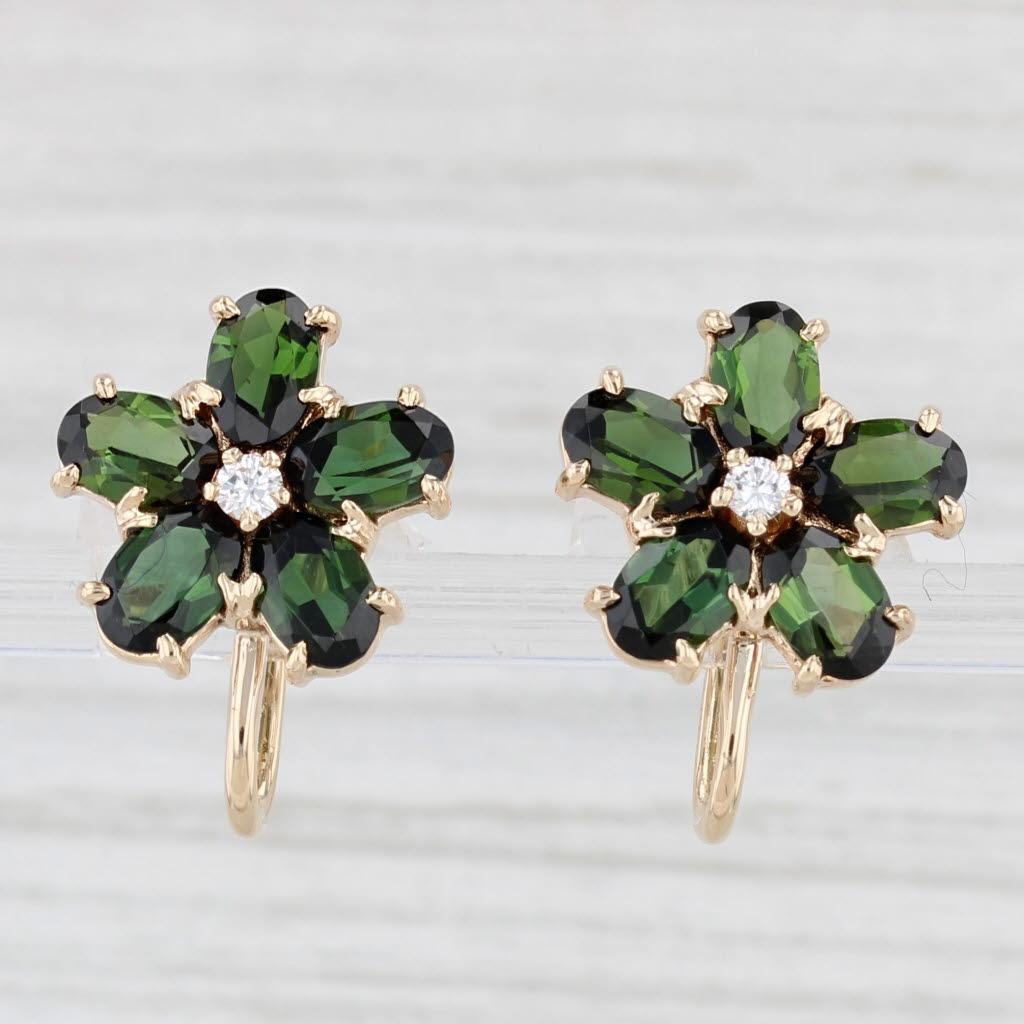 Oval Cut 4.80ctw Green Tourmaline Diamond Flower Earrings 14k Gold Non Pierced Screw Back For Sale
