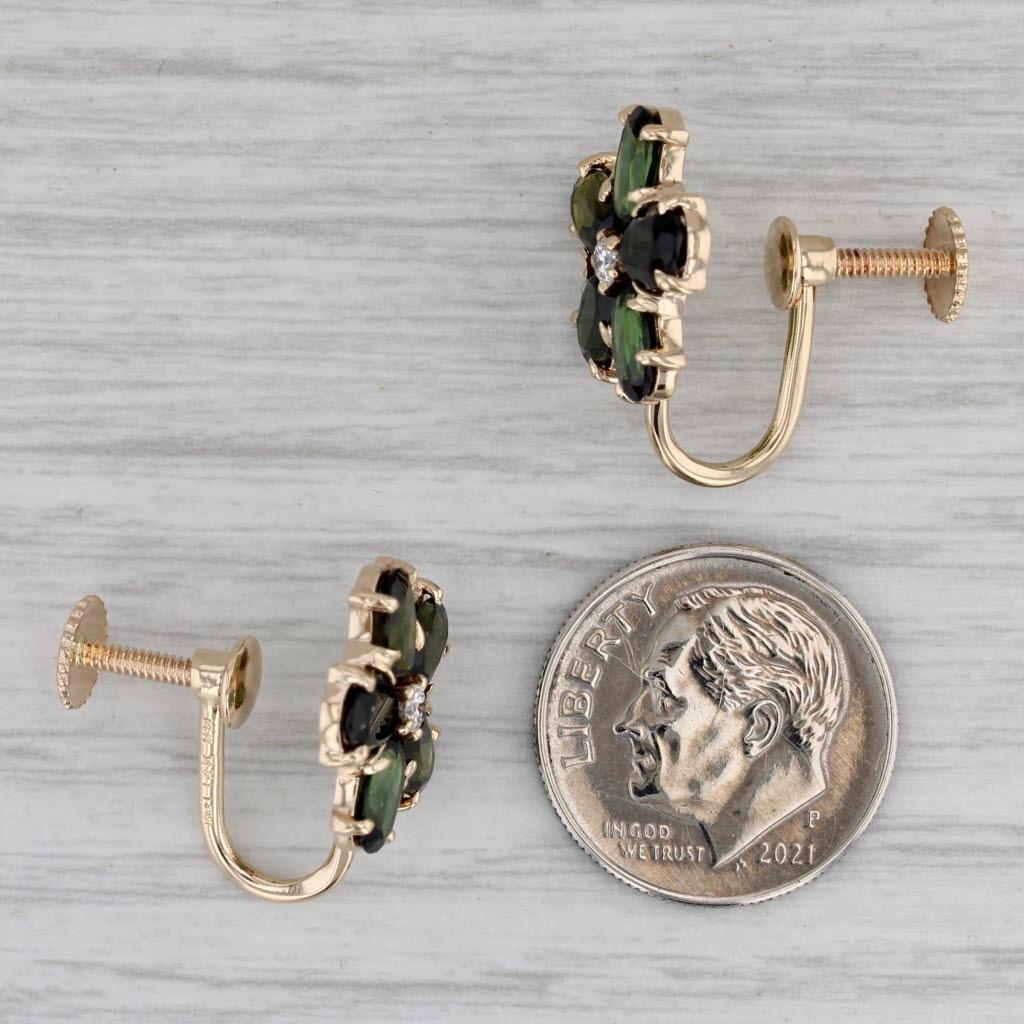 4.80ctw Green Tourmaline Diamond Flower Earrings 14k Gold Non Pierced Screw Back For Sale 1