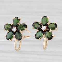 4,80ctw Grüner Turmalin Diamant-Blumen-Ohrringe 14k Gold Nicht durchbohrt Schraubenverschluss hinten