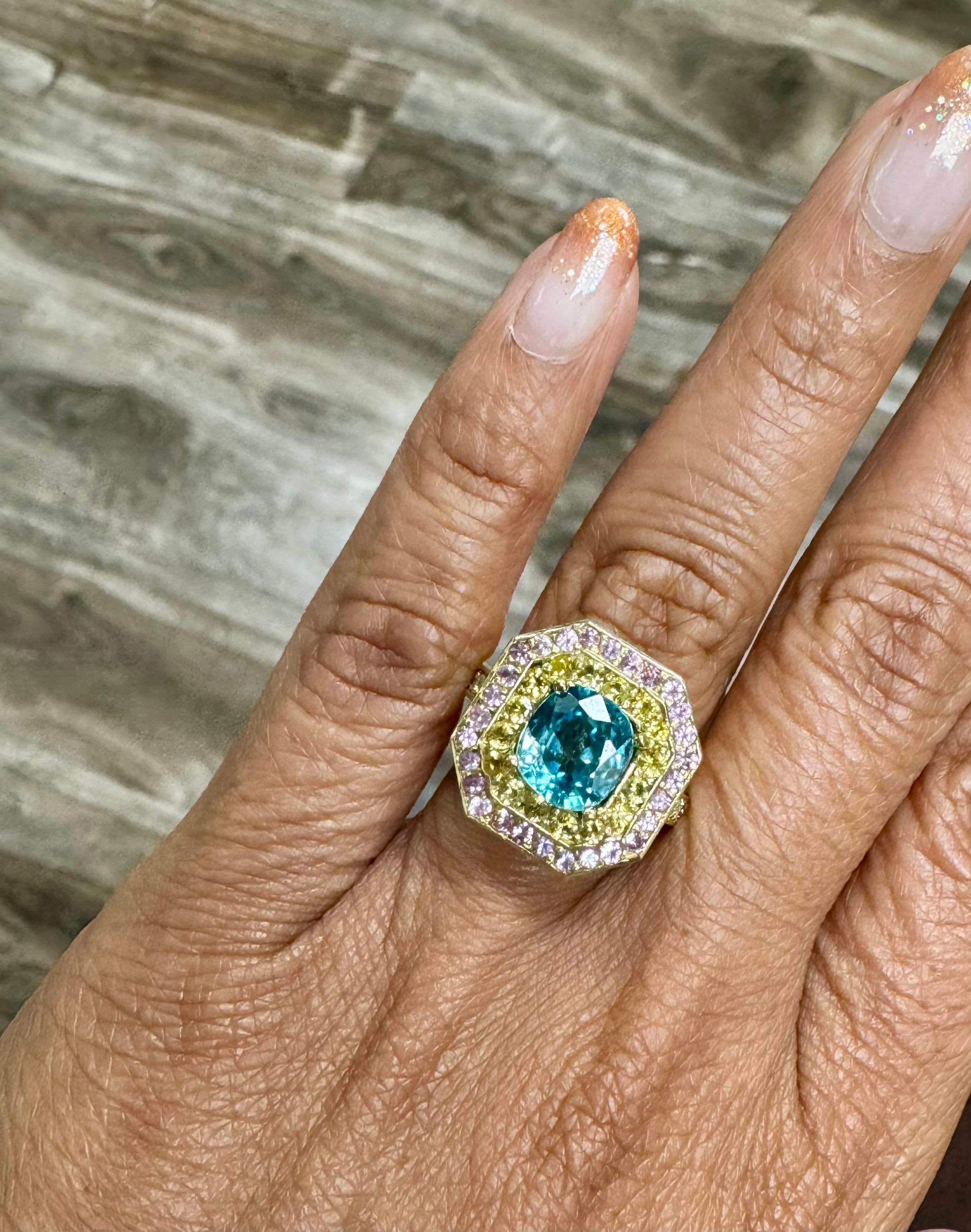 Anillo de cóctel de oro amarillo de 18 quilates con diamante y zafiro y circón azul de 4,81 quilates en venta 5