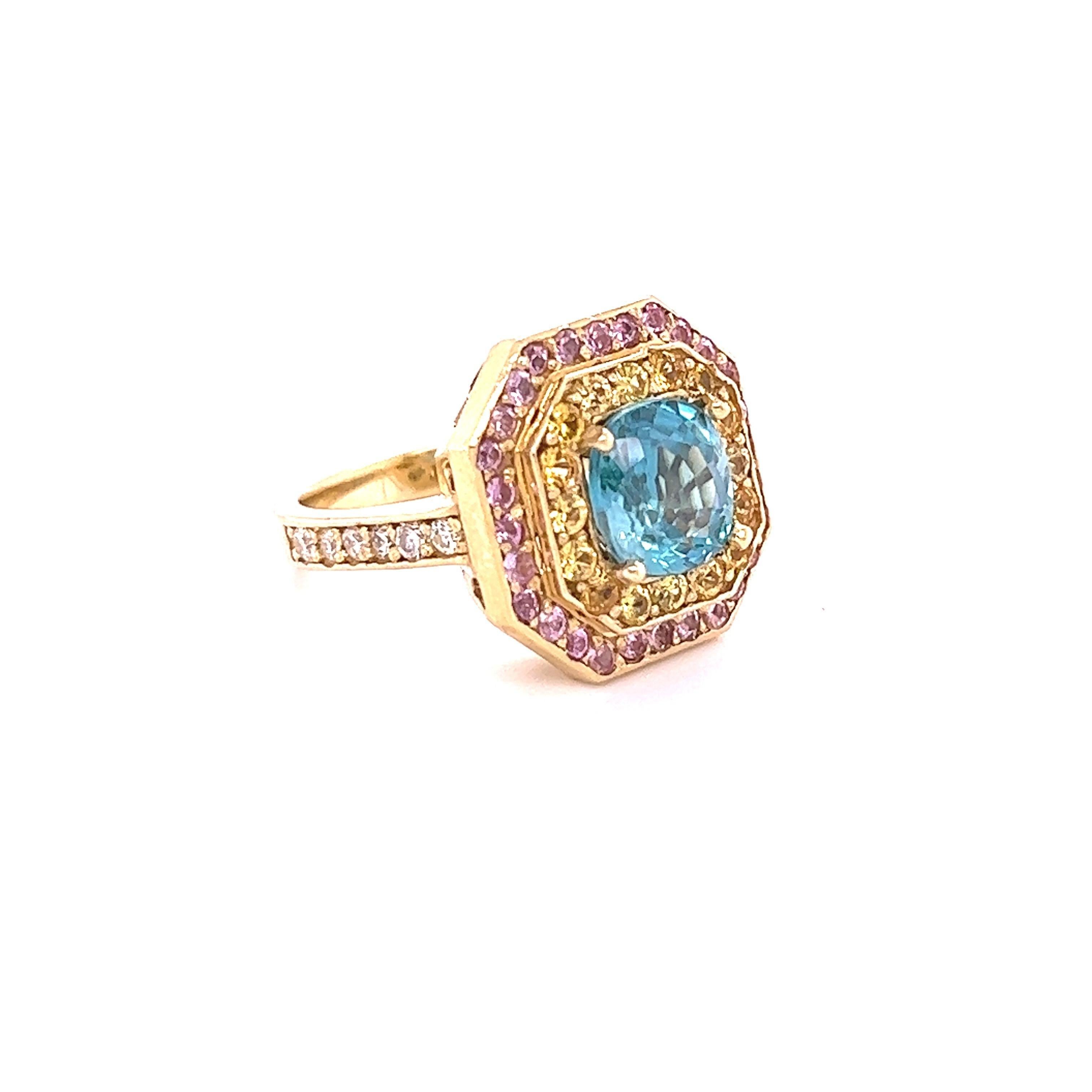 Anillo de cóctel de oro amarillo de 18 quilates con diamante y zafiro y circón azul de 4,81 quilates en Nuevo estado para la venta en Los Angeles, CA