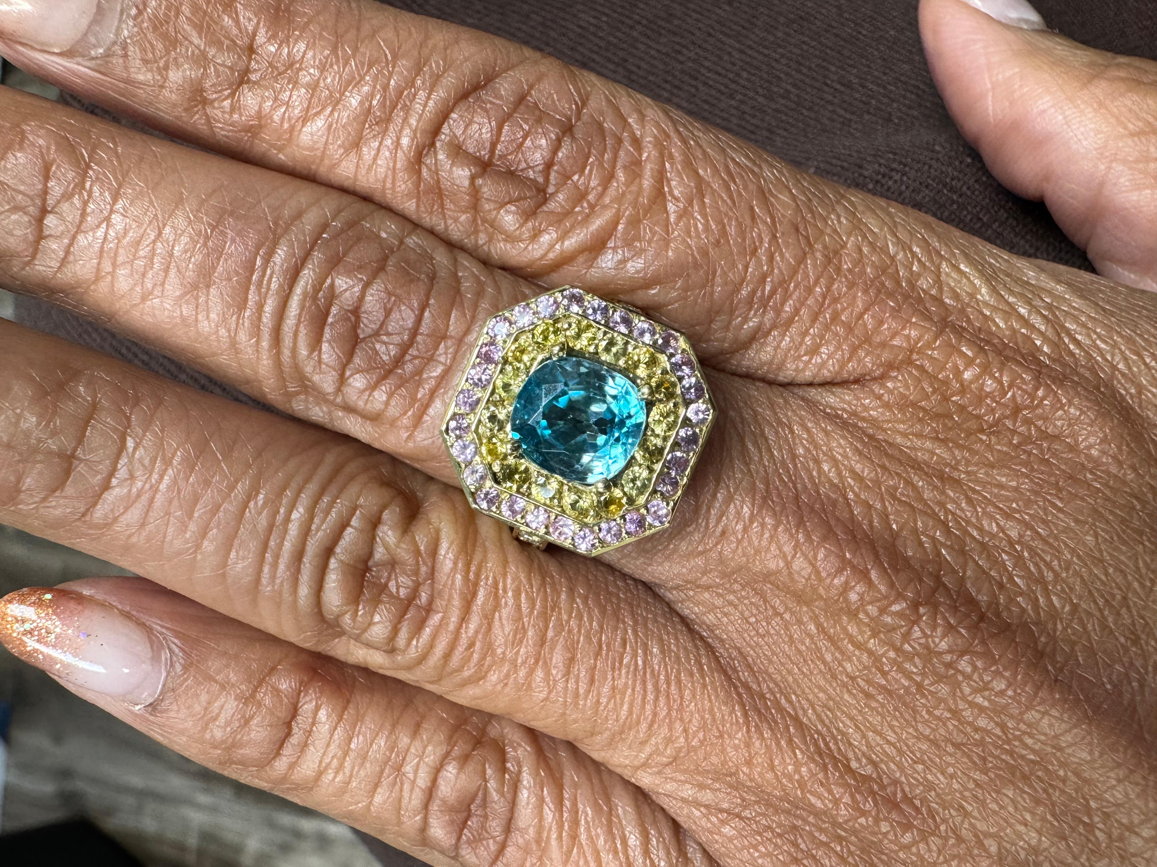 Anillo de cóctel de oro amarillo de 18 quilates con diamante y zafiro y circón azul de 4,81 quilates en venta 2