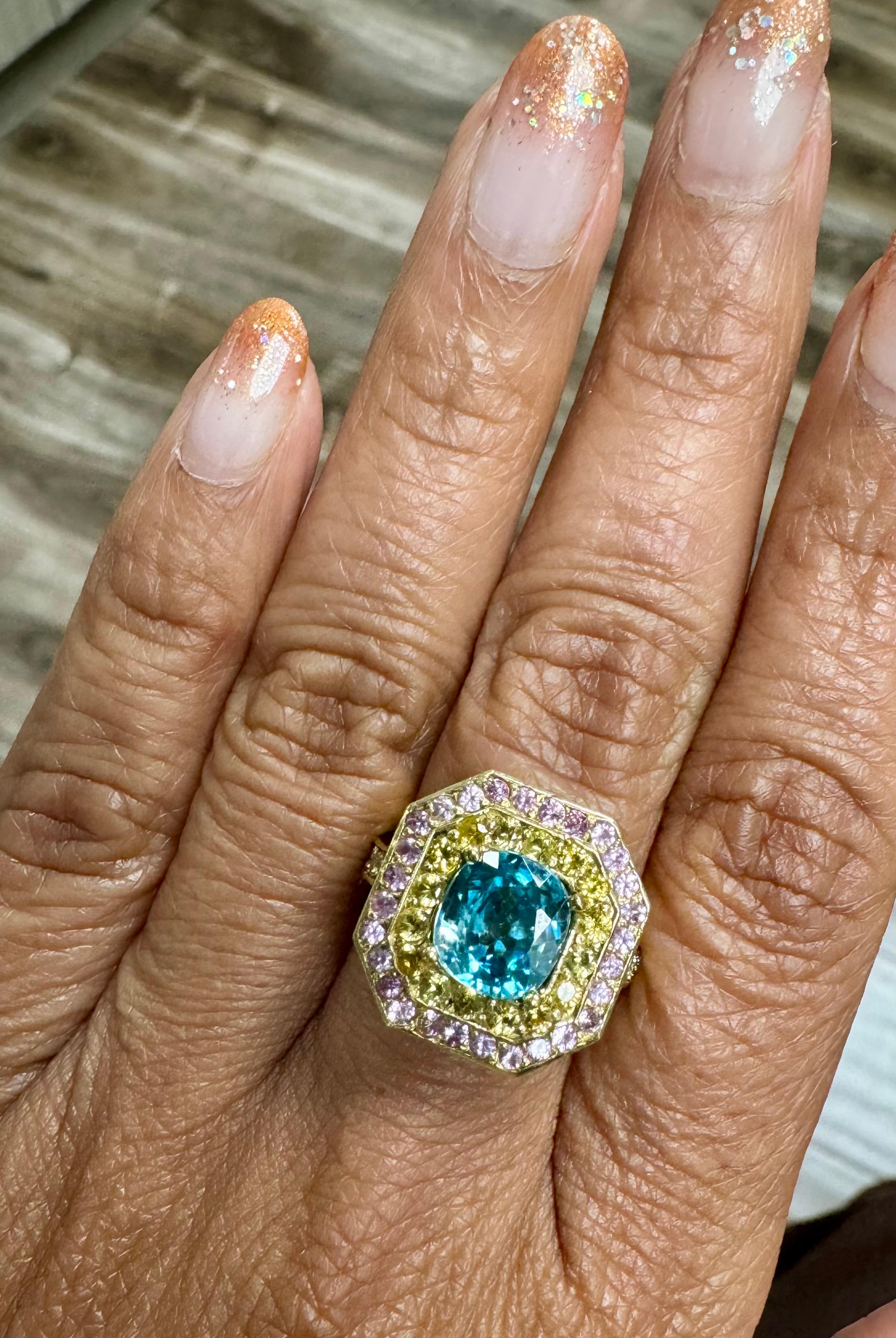 Anillo de cóctel de oro amarillo de 18 quilates con diamante y zafiro y circón azul de 4,81 quilates en venta 3