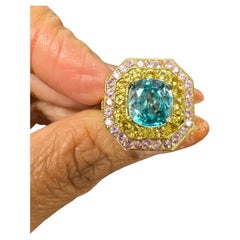 4.81 Carat Blue Zircon Sapphire Diamond 18K Yellow Gold Cocktail Ring