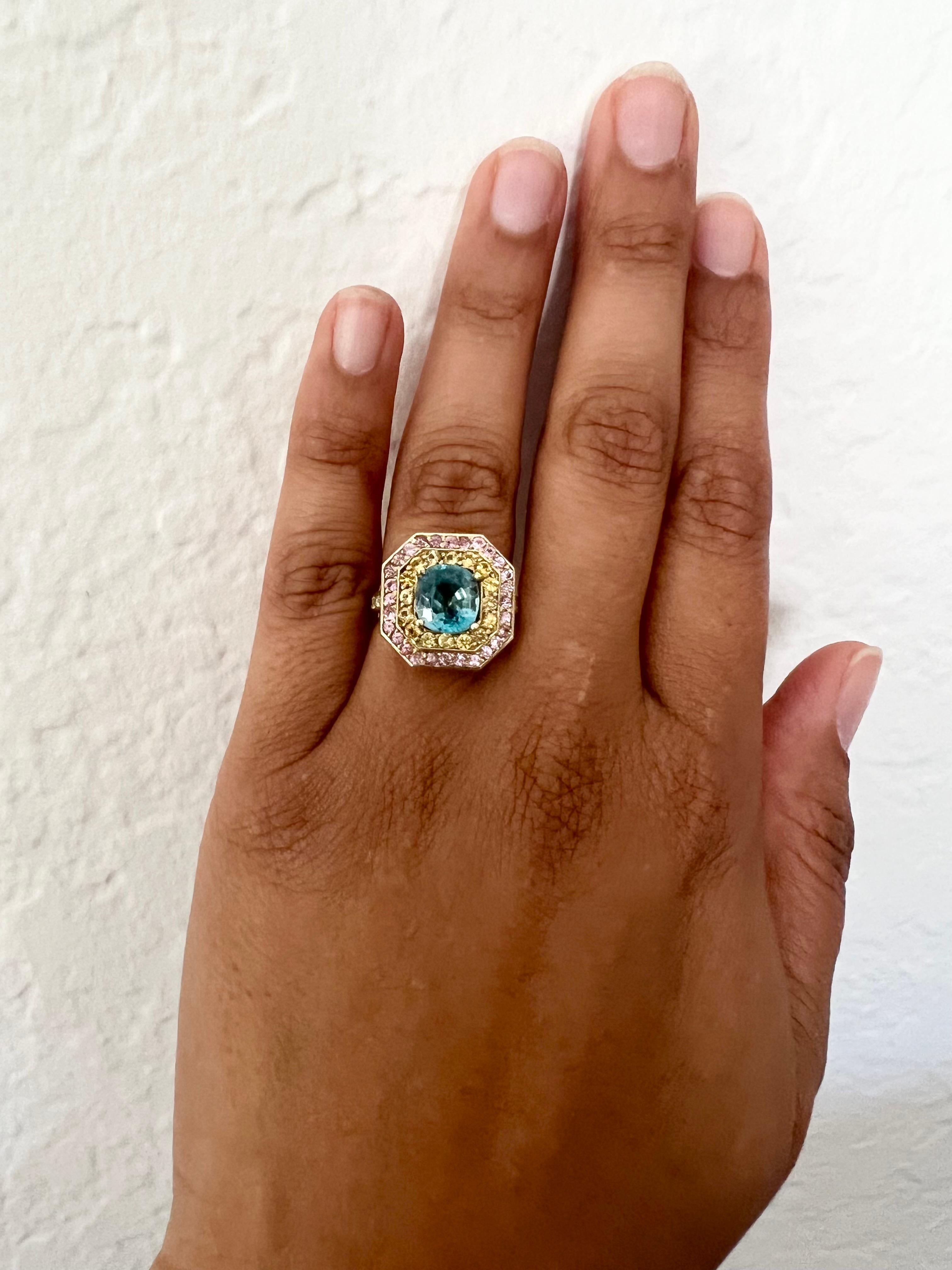 4.81 Carat Blue Zircon Sapphire Diamond Yellow Gold Cocktail Ring In New Condition For Sale In Los Angeles, CA