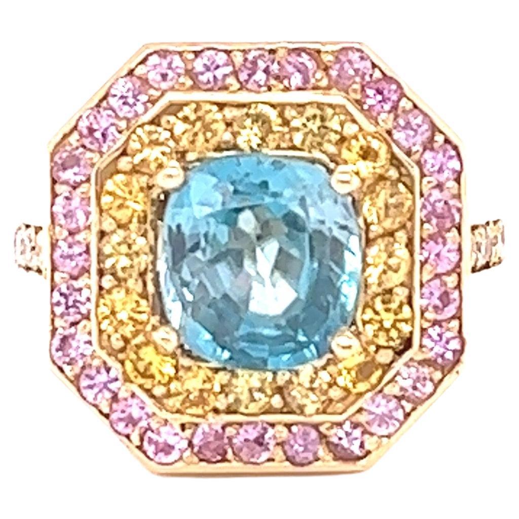 4.81 Carat Blue Zircon Sapphire Diamond Yellow Gold Cocktail Ring For Sale