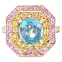 4.81 Carat Blue Zircon Sapphire Diamond Yellow Gold Cocktail Ring