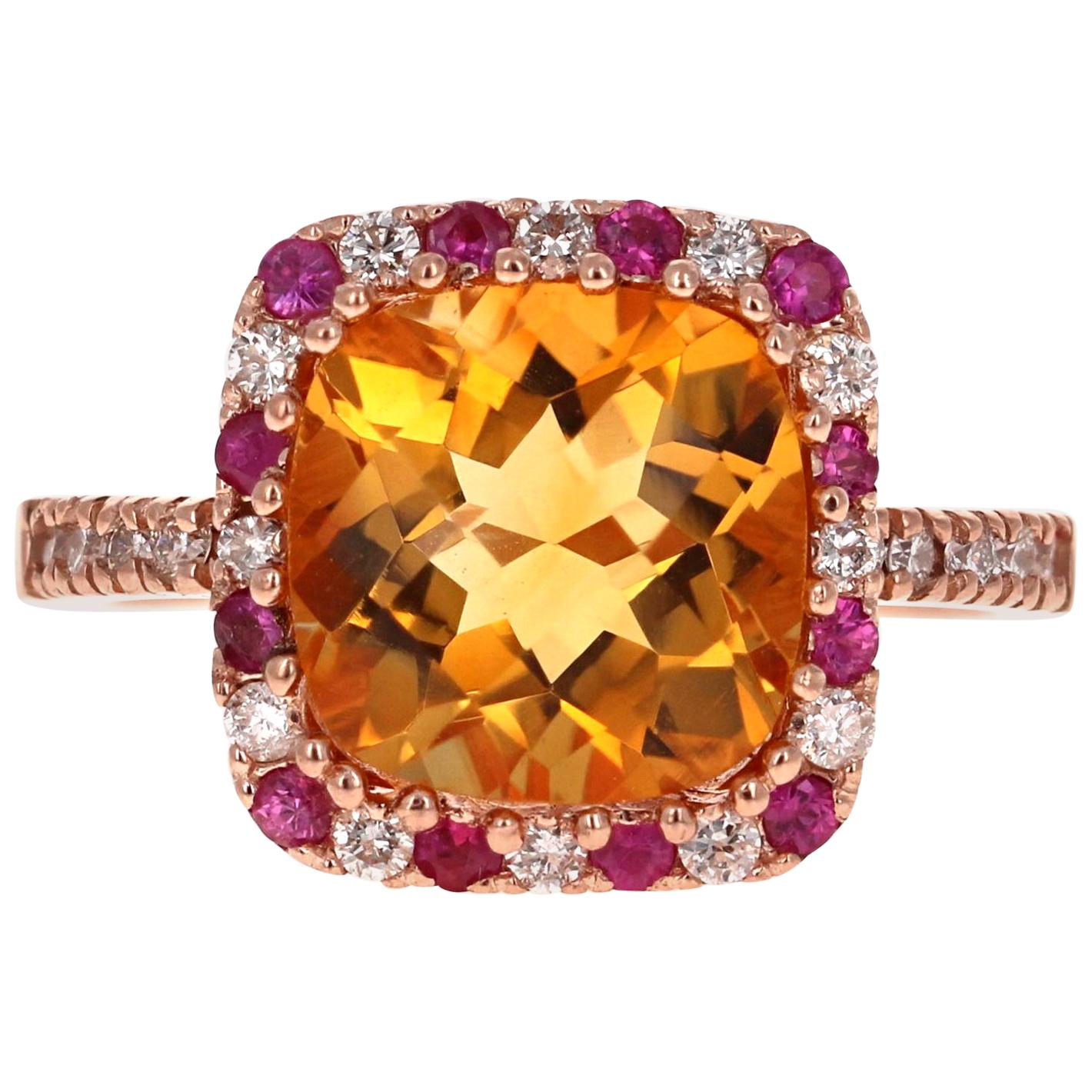 4.81 Carat Cushion Cut Citrine, Pink Sapphire and Diamond Rose Gold Bridal Ring