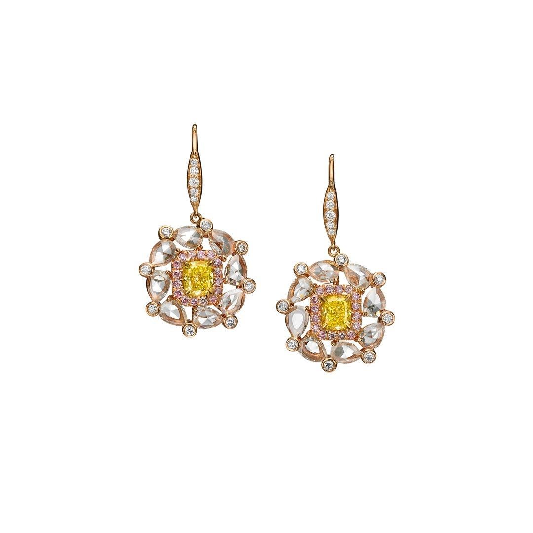 Taglio radiant Orecchini a goccia con diamante giallo intenso da 4,81 carati, certificati GIA in oro 18 carati in vendita