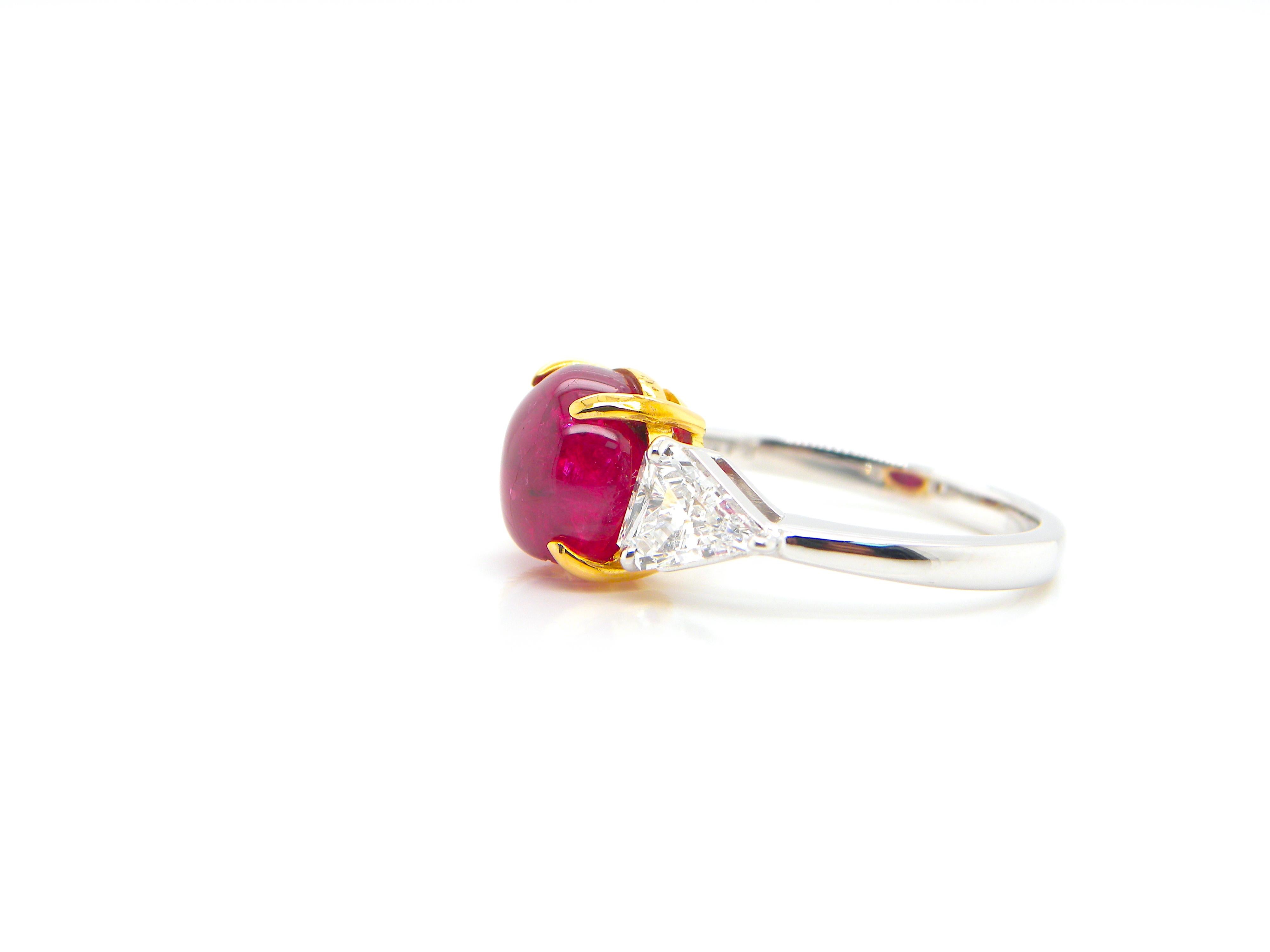 4.81 Carat GIA Certified Burma No Heat Vivid Red Ruby Cabochon and Diamond Ring 5