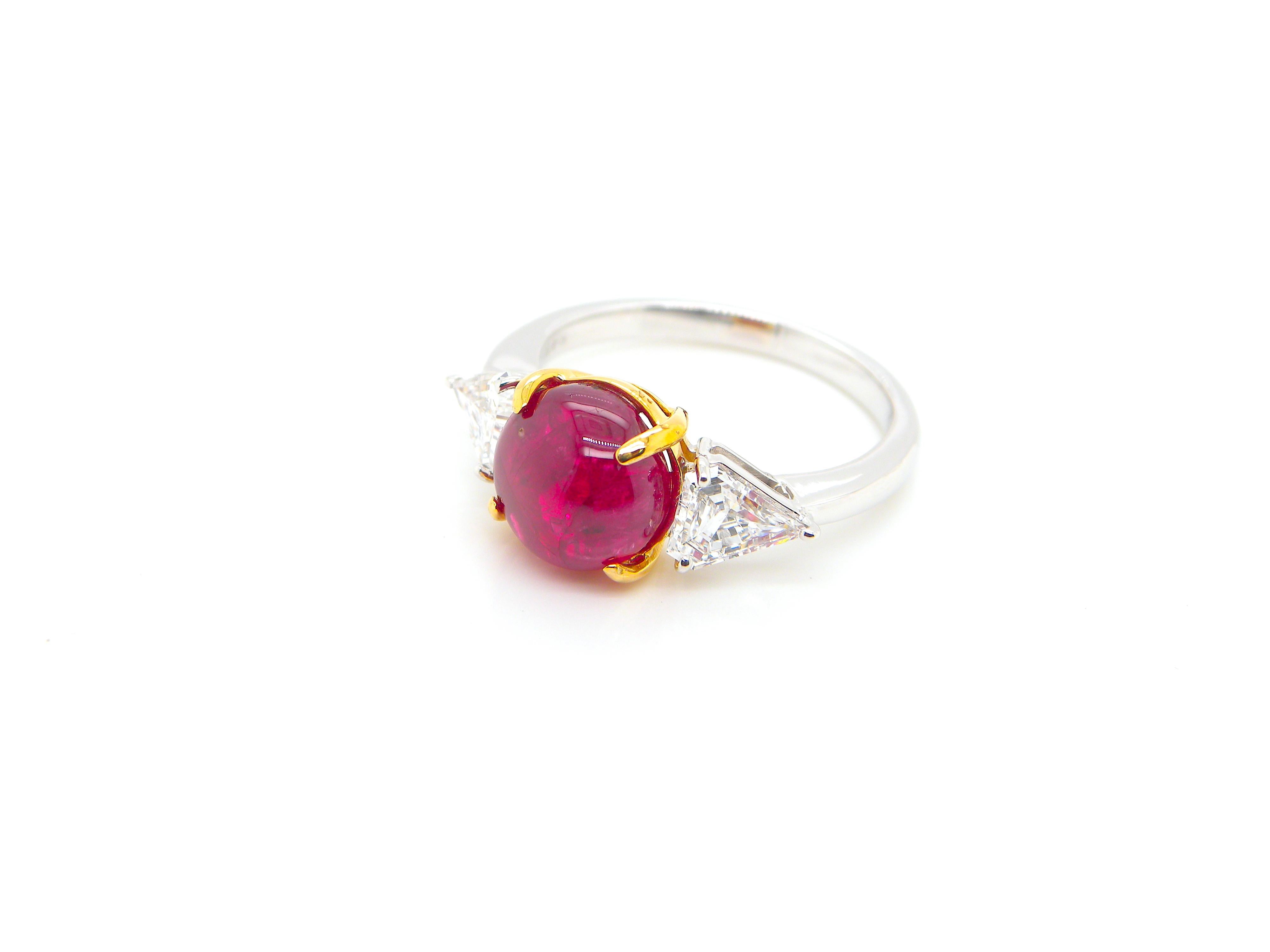 4.81 Carat GIA Certified Burma No Heat Vivid Red Ruby Cabochon and Diamond Ring 6