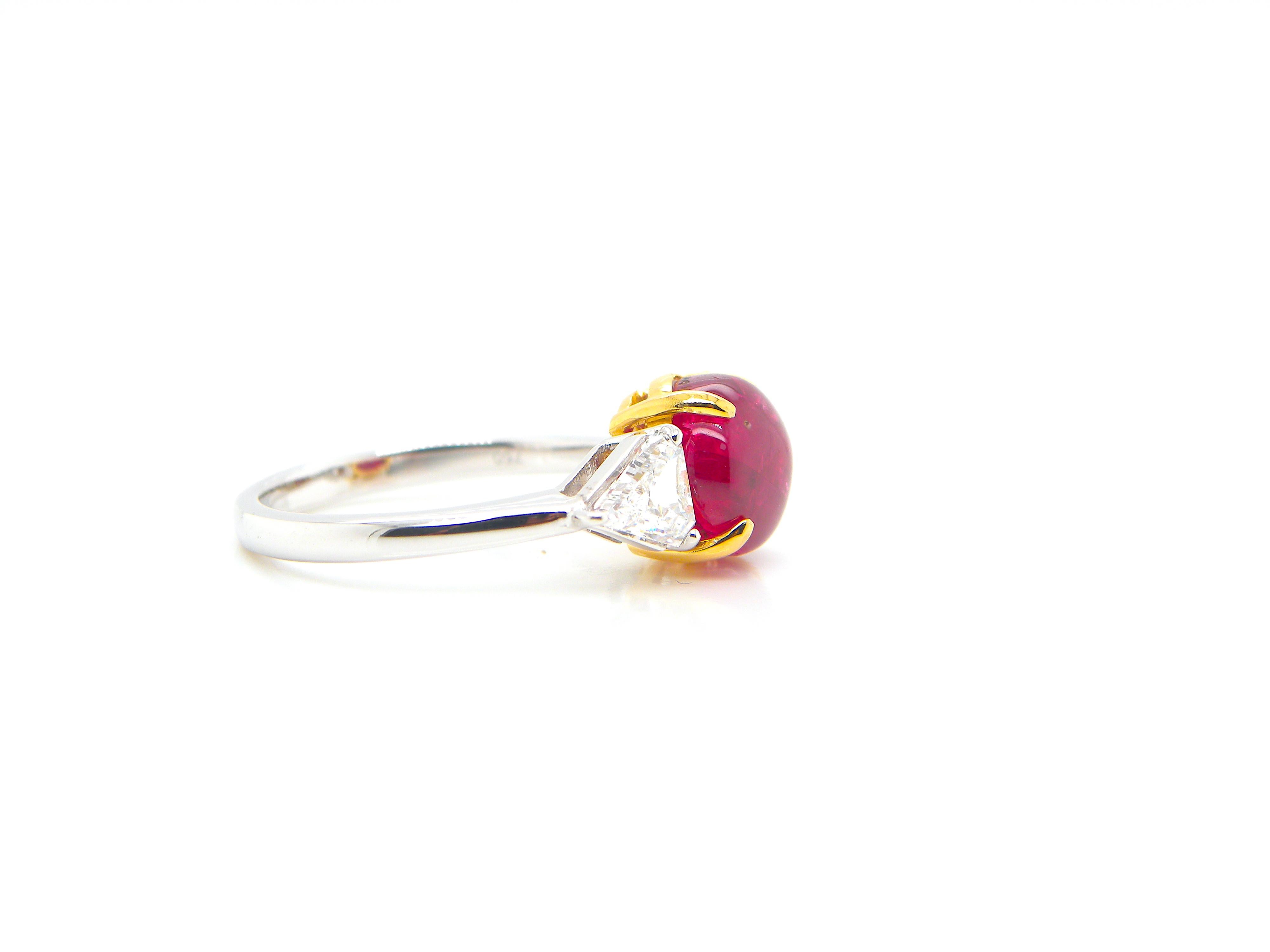 4.81 Carat GIA Certified Burma No Heat Vivid Red Ruby Cabochon and Diamond Ring 3