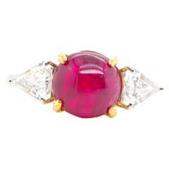4.81 Carat GIA Certified Burma No Heat Vivid Red Ruby Cabochon and Diamond Ring