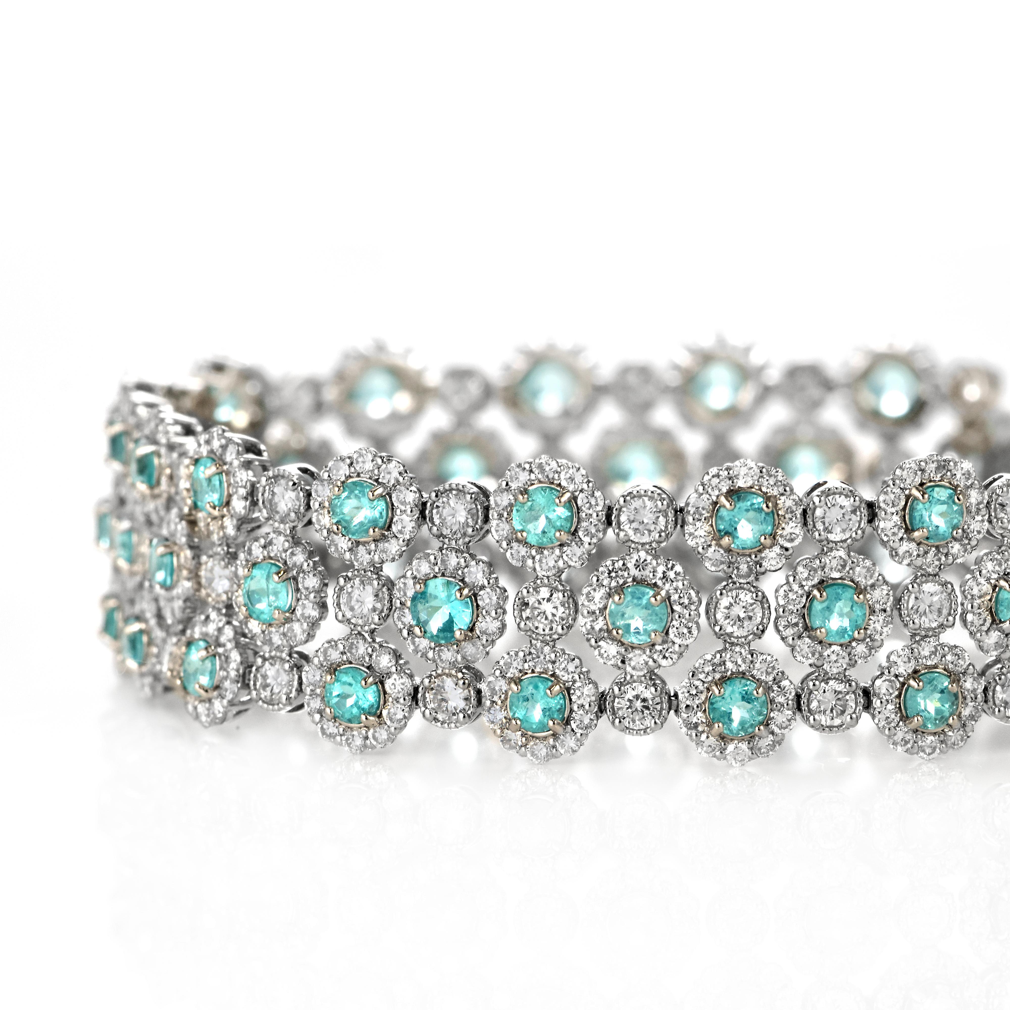 Modern 4.81 Carat Neon Blue, Brazilian Paraiba Tourmaline Bracelet Made in Platinum For Sale