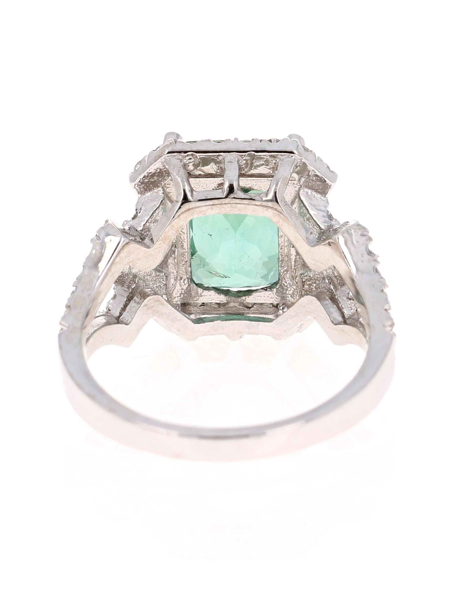 Emerald Cut 4.81 Carat Tourmaline Diamond 14 Karat White Gold Ring For Sale