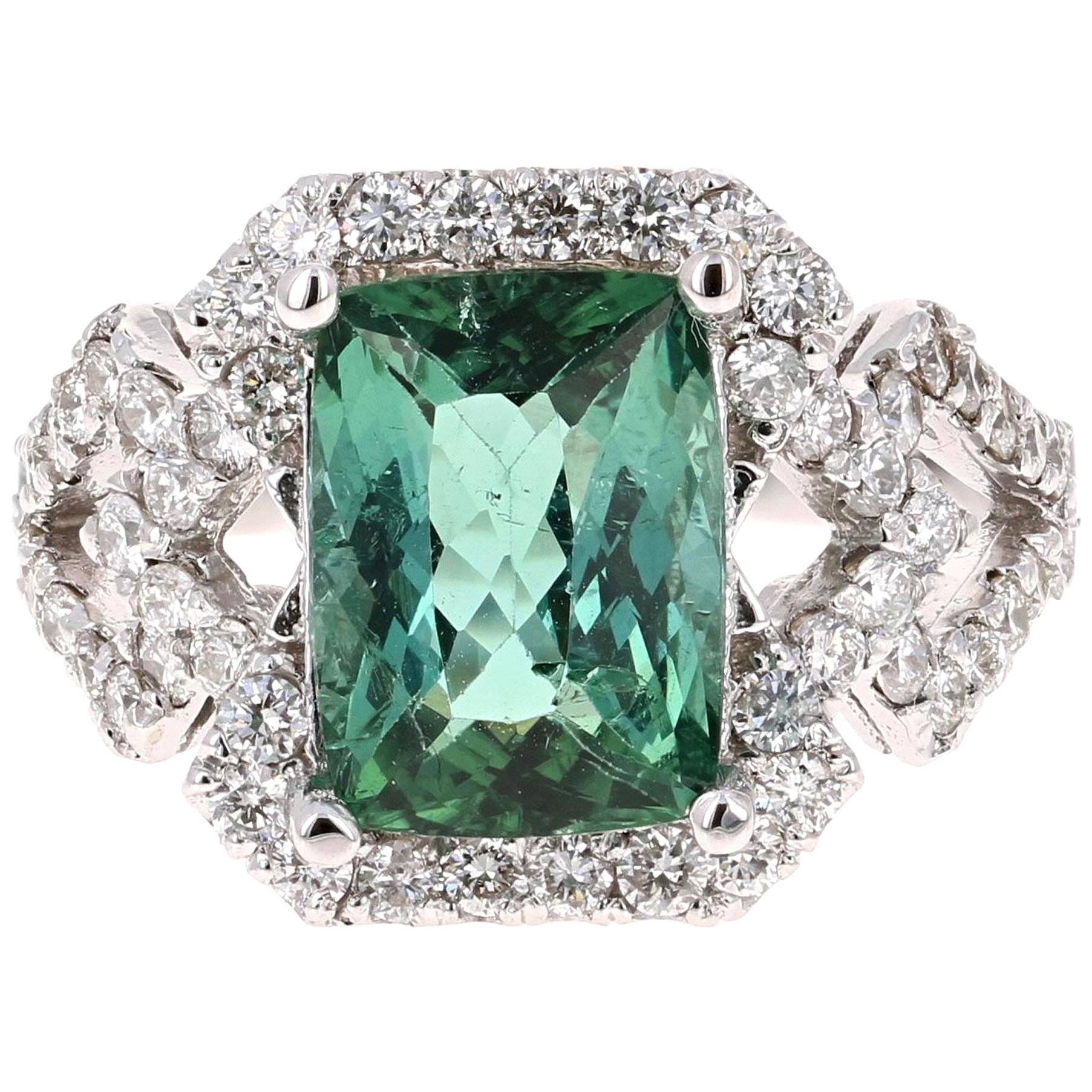 4.81 Carat Tourmaline Diamond 14 Karat White Gold Ring For Sale