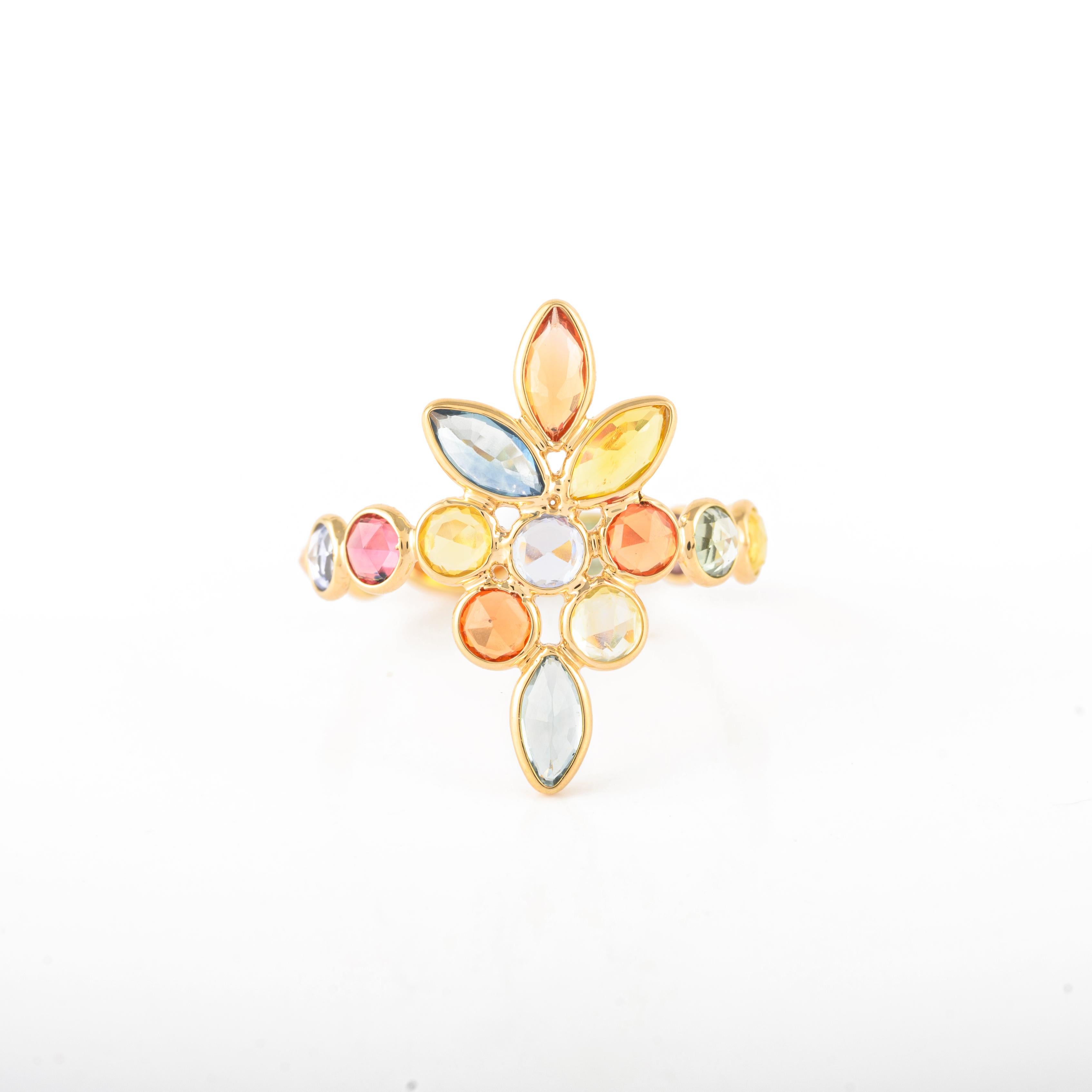 For Sale:  4.81ct Multi Sapphire Elongated Floral Ring in 14k Solid Yellow Gold 3