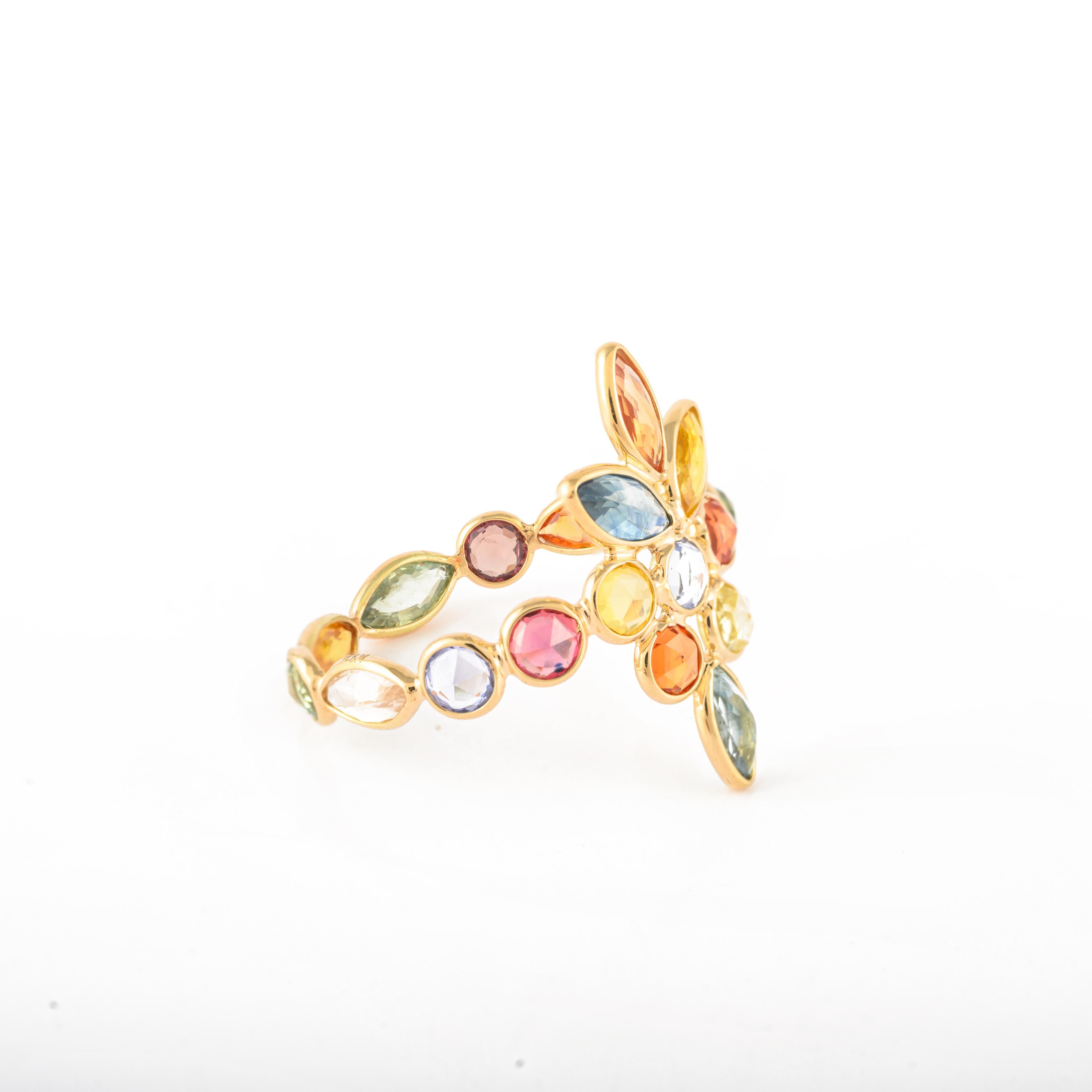 For Sale:  4.81ct Multi Sapphire Elongated Floral Ring in 14k Solid Yellow Gold 5