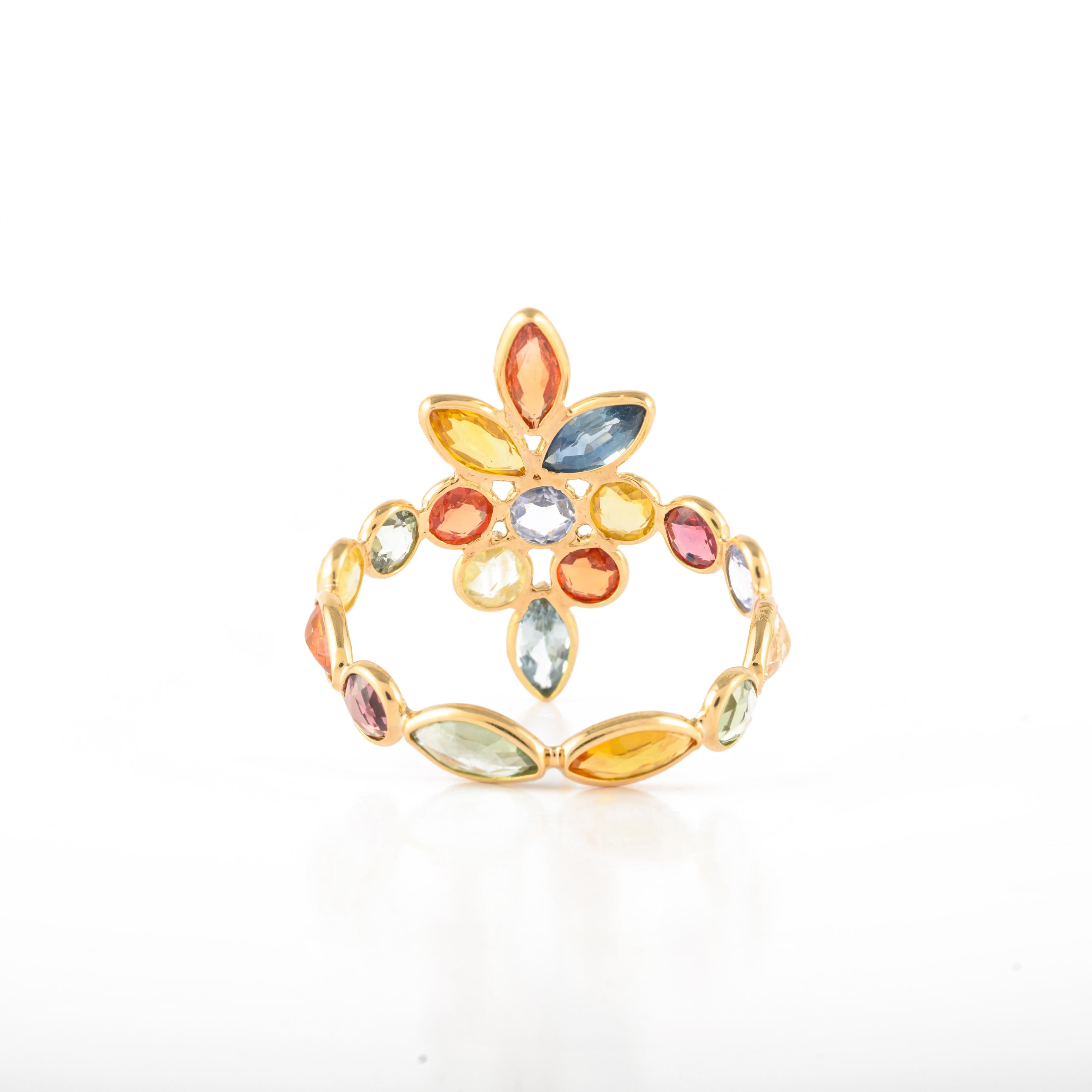 For Sale:  4.81ct Multi Sapphire Elongated Floral Ring in 14k Solid Yellow Gold 7