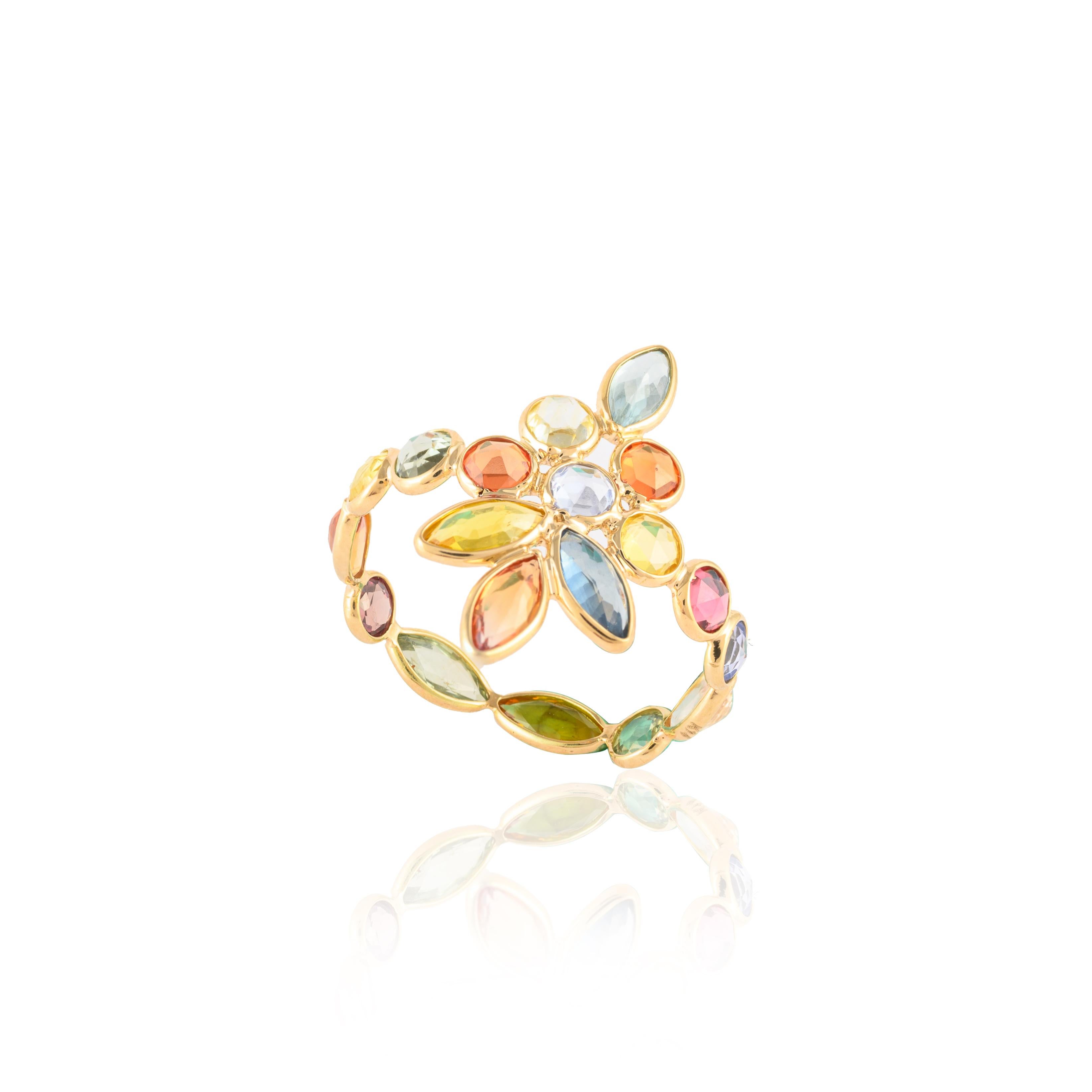 For Sale:  4.81ct Multi Sapphire Elongated Floral Ring in 14k Solid Yellow Gold 9