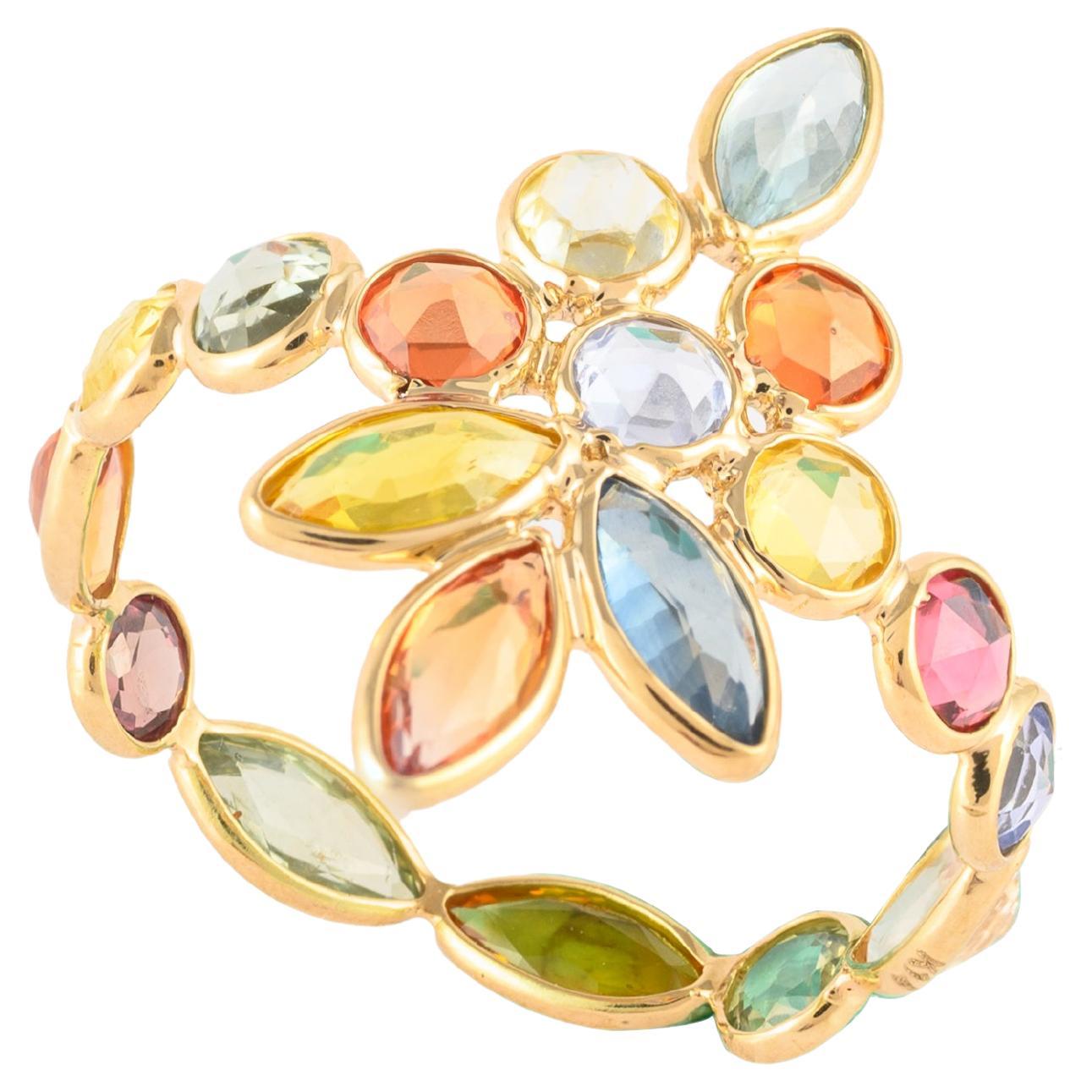 For Sale:  4.81ct Multi Sapphire Elongated Floral Ring in 14k Solid Yellow Gold