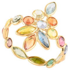 4.81ct Multi Sapphire Elongated Floral Ring in 14k Solid Yellow Gold