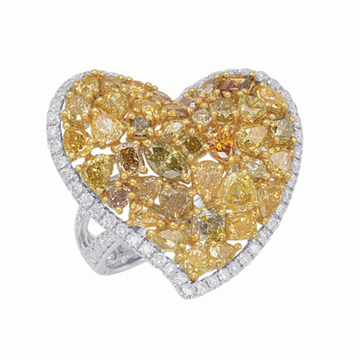 4.81 Carat Natural Fancy Multi-Color Mixed Cut Diamond Heart Shape Ring In New Condition In New York, NY