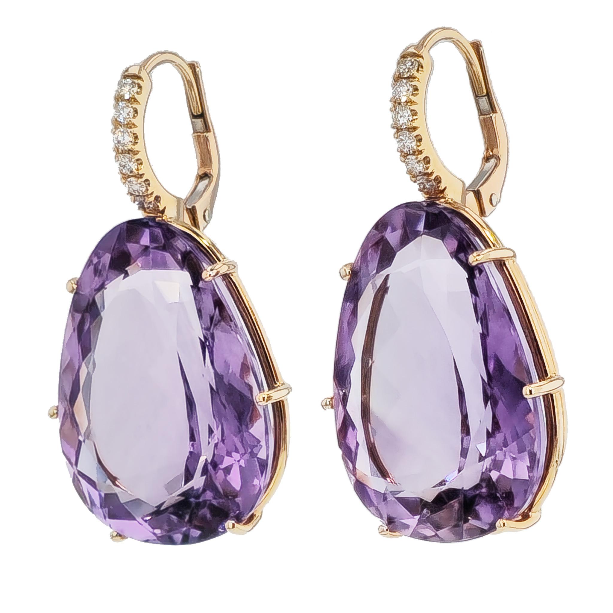 Pear Cut 48.15 Carat Amethyst Diamond Drop Earrings For Sale