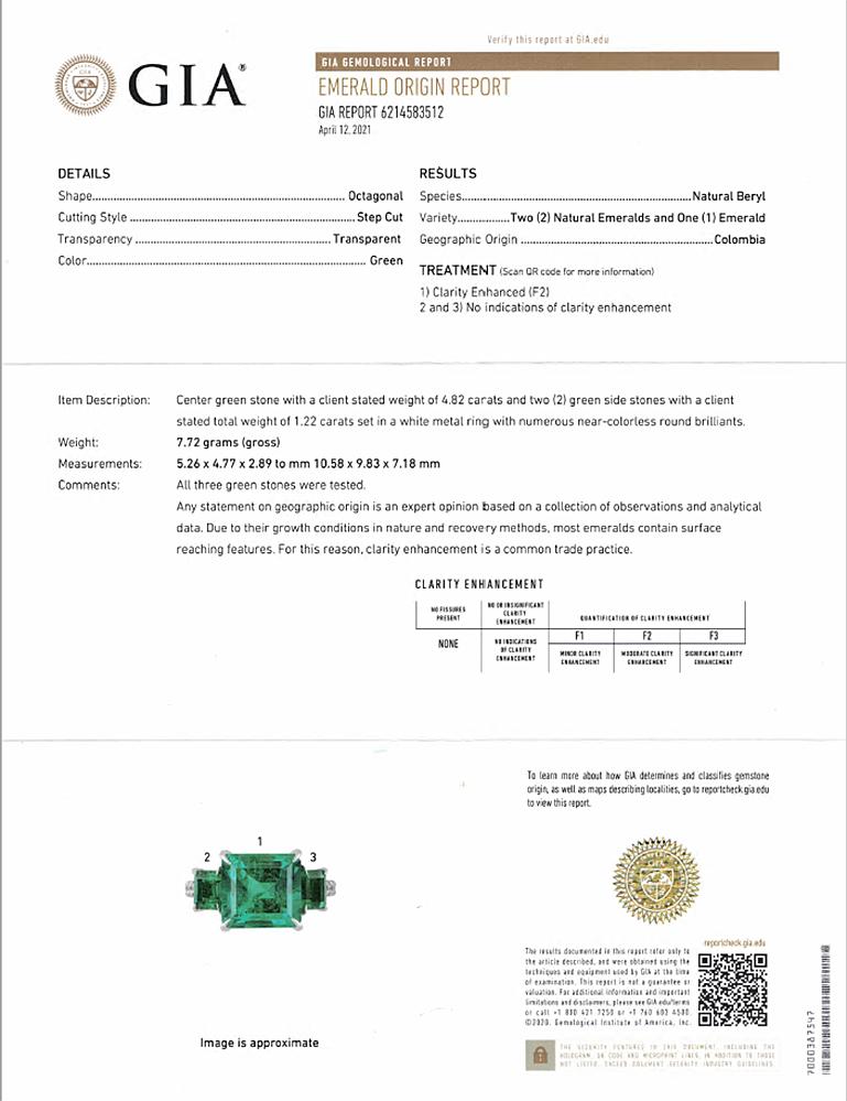 4.82 Carats Emerald Cut Colombian Emerald & Diamond Three-Stone Engagement Ring For Sale 3