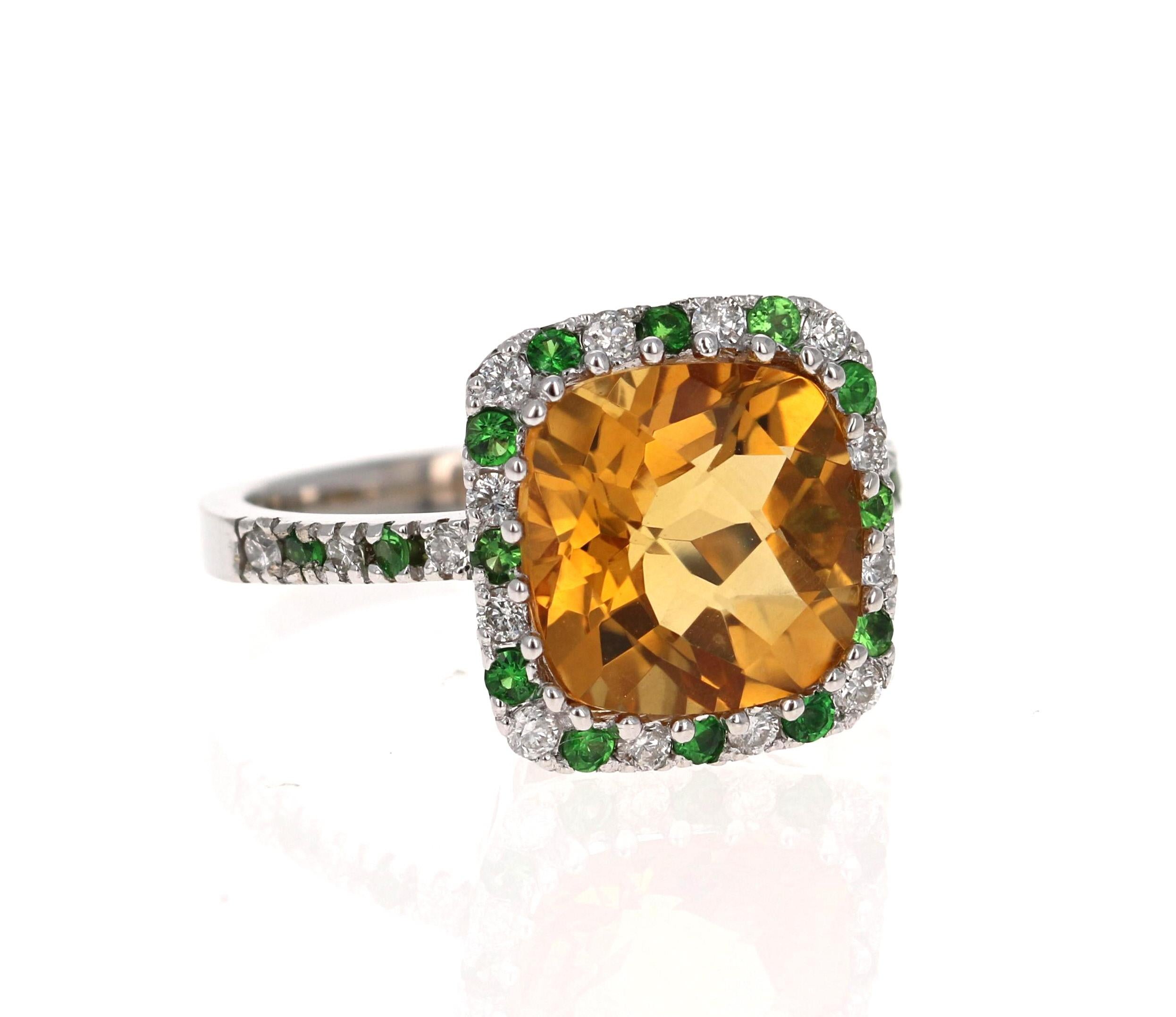 4,82 Karat Kissenschliff Citrin Quarz Tsavorit Diamant 14 Karat Weißgold Ring (Zeitgenössisch) im Angebot