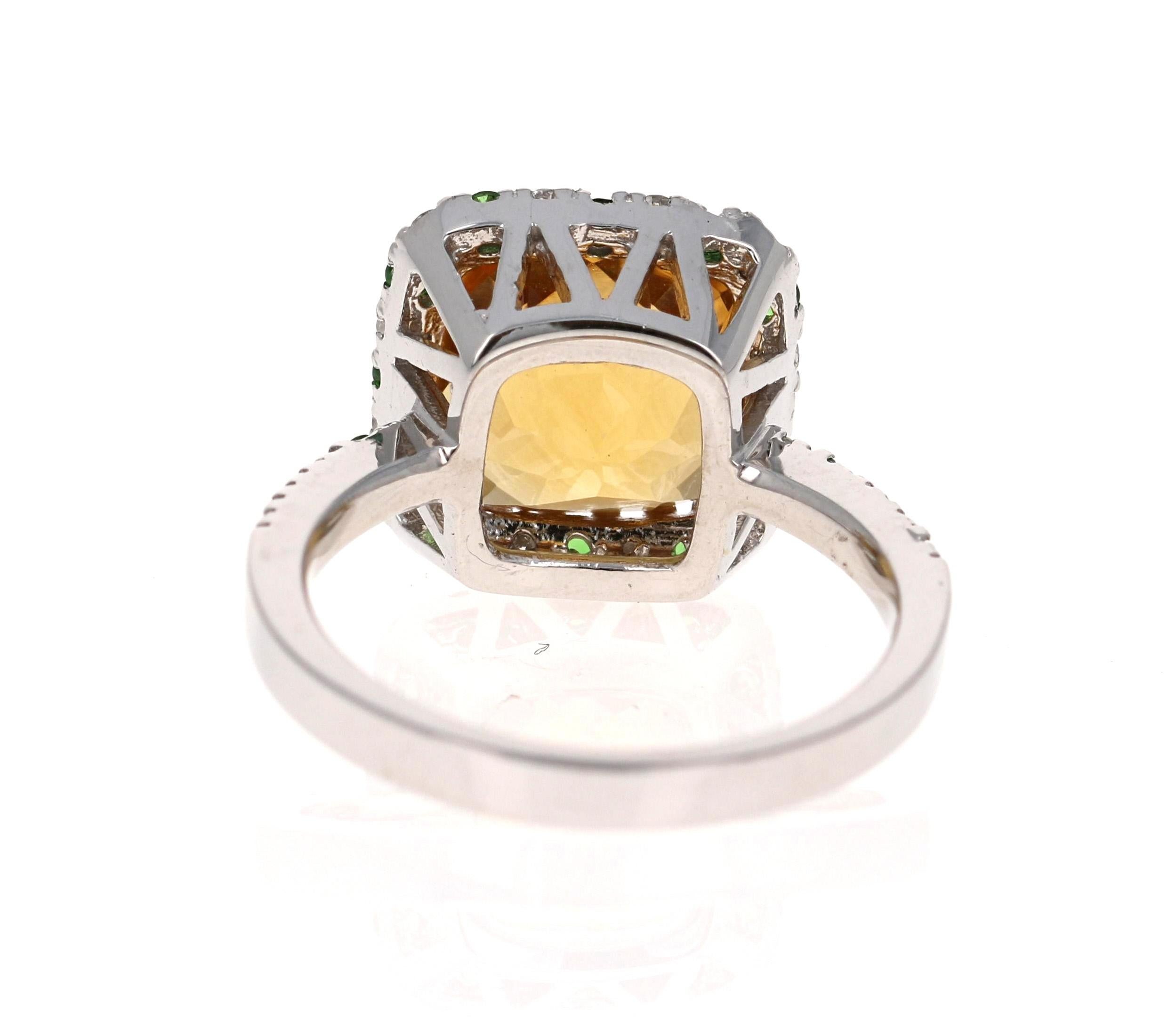 4.82 Carat Cushion Cut Citrine Quartz Tsavorite Diamond 14 Karat White Gold Ring In New Condition For Sale In Los Angeles, CA